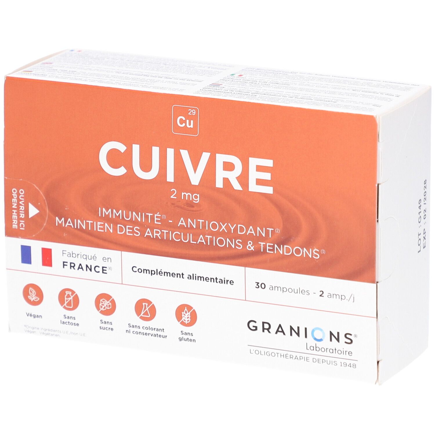 Boîte de GRANIONS Cuivre, 30 ampoules buvables, 2 mg de cuivre par ampoule.