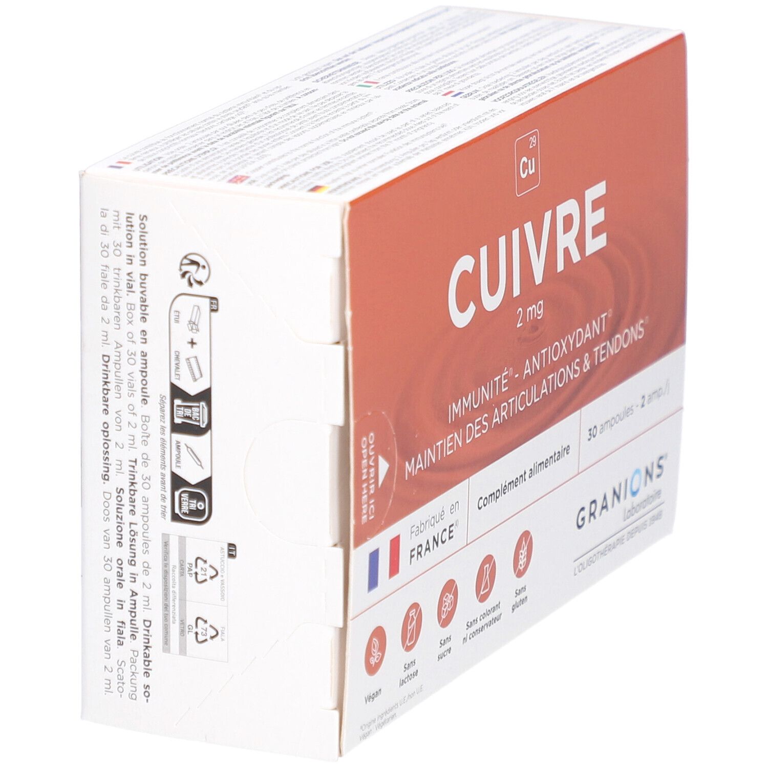 Vue latérale de la boîte de GRANIONS Cuivre, 30 ampoules buvables, 2 mg de cuivre.