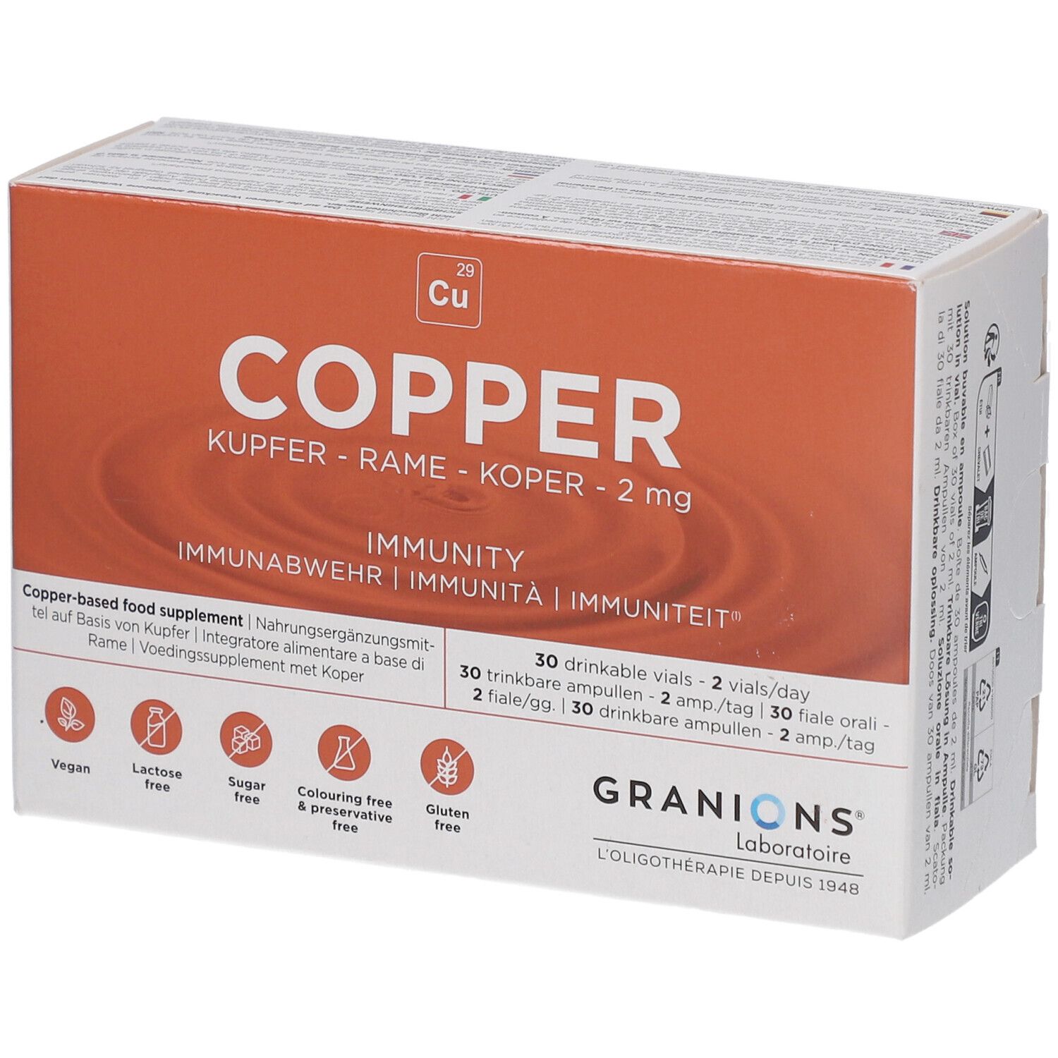 Boîte de GRANIONS Cuivre, 30 ampoules buvables, 2 mg de cuivre. Étiquetage multilingue.