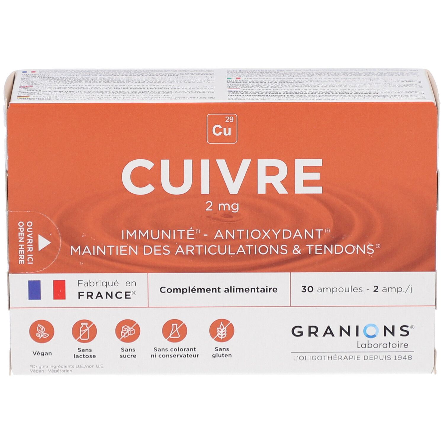 Boîte de GRANIONS Cuivre, 30 ampoules buvables, 2 mg de cuivre. Fabriqué en France.