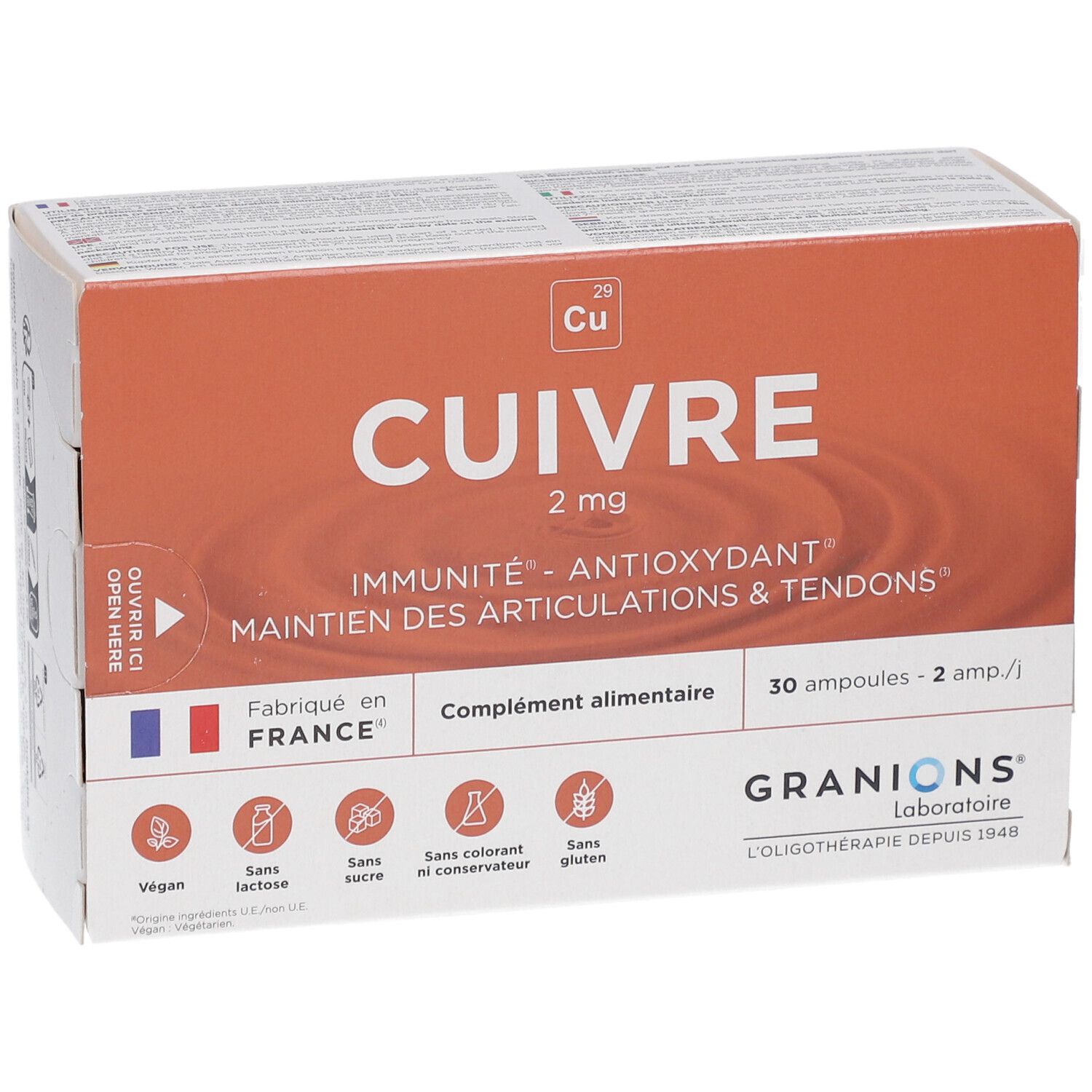 Face avant de la boîte de GRANIONS Cuivre, 30 ampoules buvables, 2 mg de cuivre. Immunité & Antioxydant.