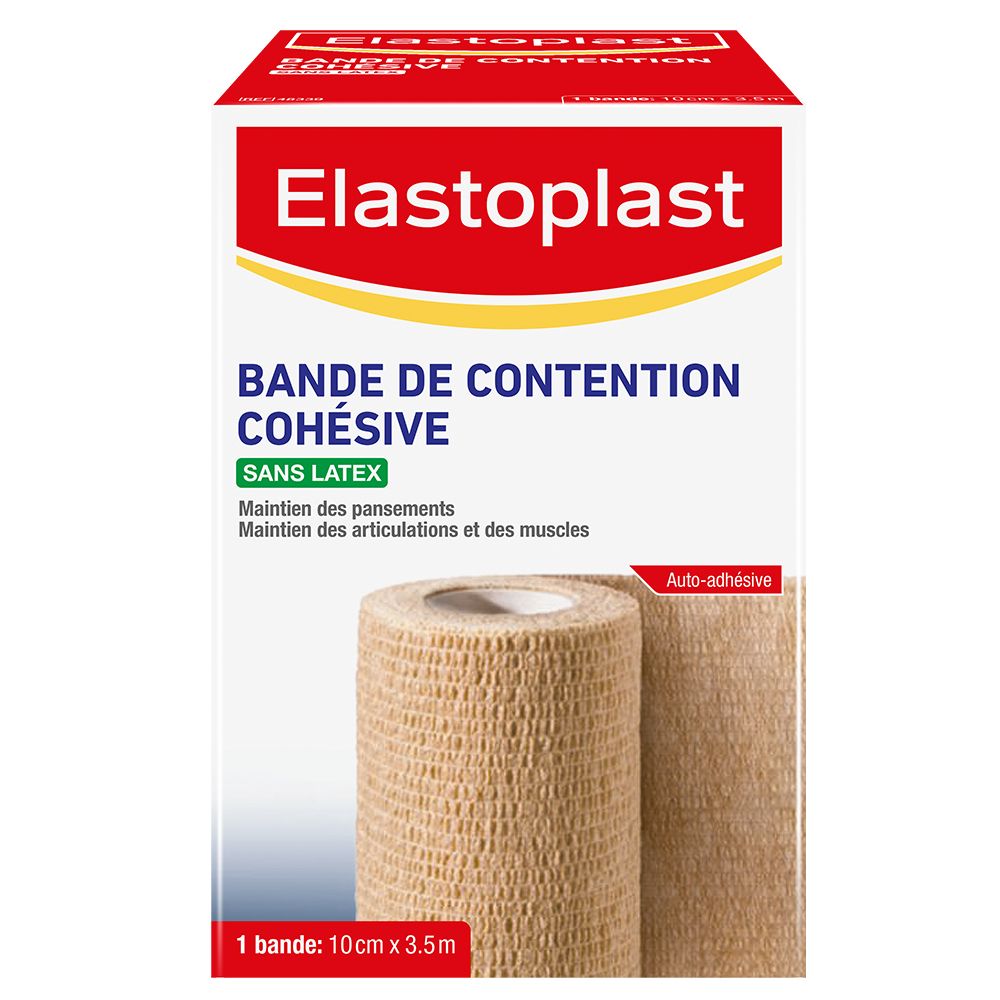 Boîte de bandage cohésif Elastoplast sans latex. Beige, auto-adhésif. Inscription: BANDE DE CONTENTION COHÉSIVE. 1 rouleau, 10cm x 3.5m.