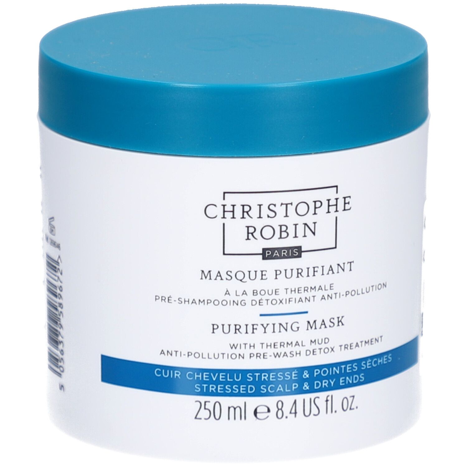 Witte pot met blauwe deksel. Opschrift: Christophe Robin Paris, Masque Purifiant, Purifying Mask, 250 ml.