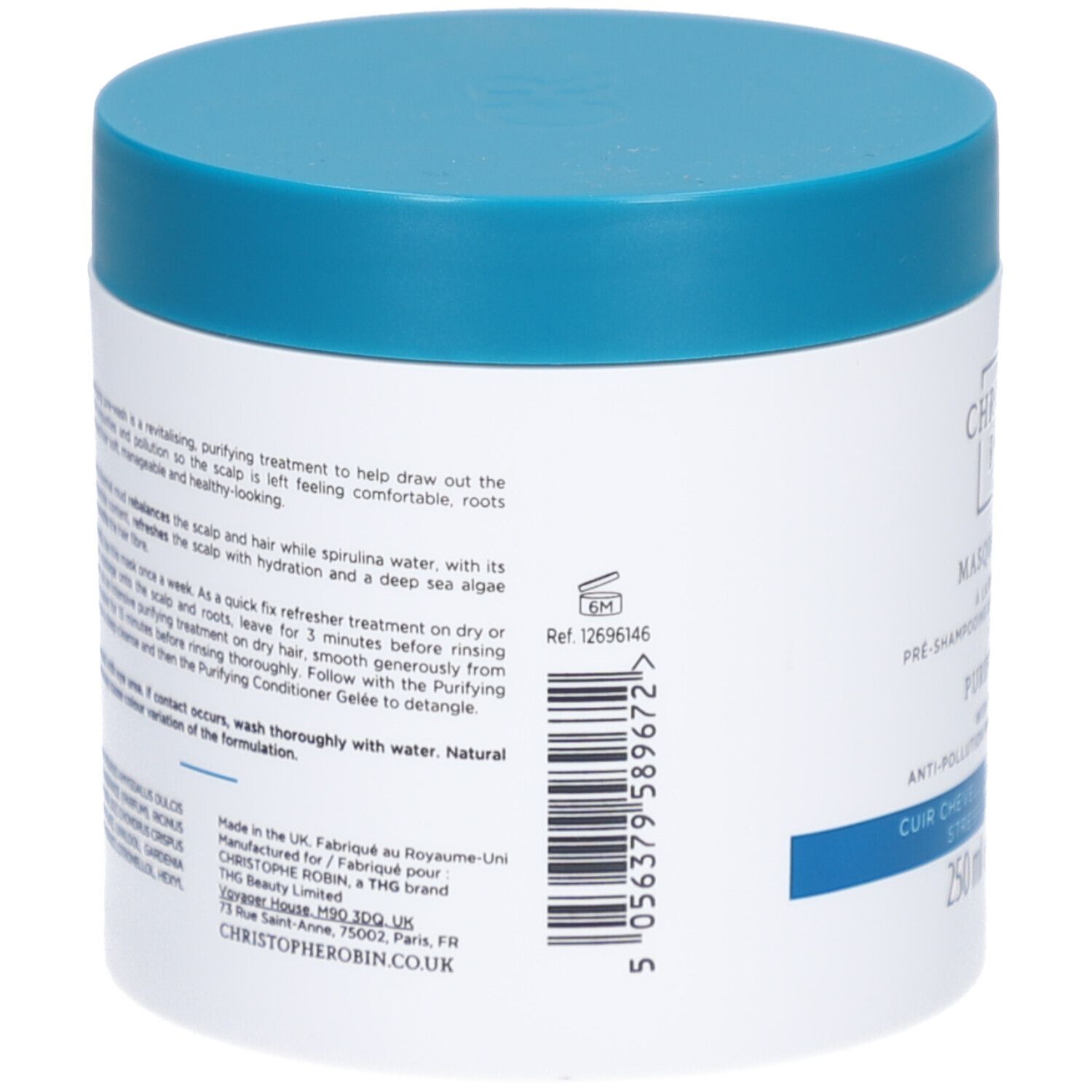 Achterkant van de witte pot met blauwe deksel. Tekst en barcode. Fabrikantinformatie.