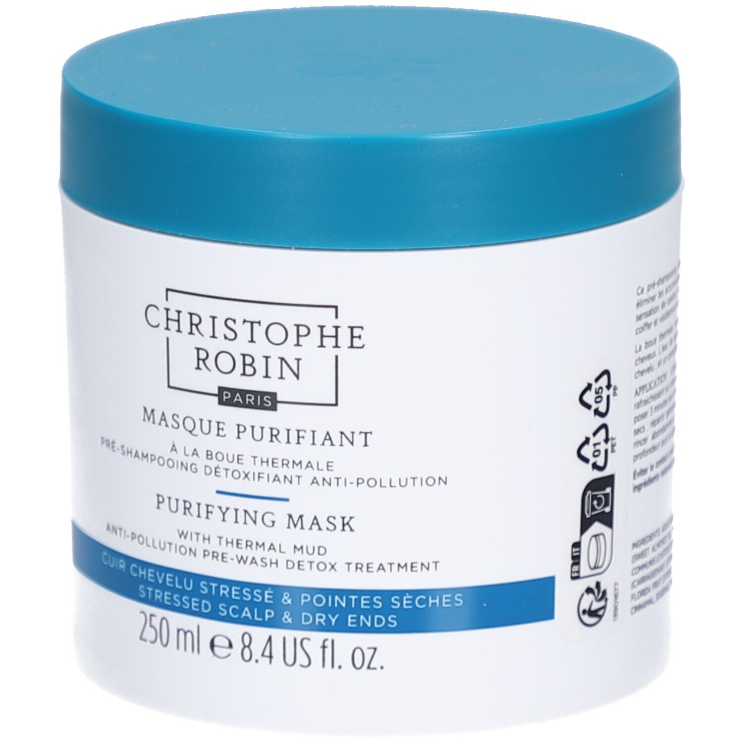 Witte pot met blauwe deksel. Opschrift: Christophe Robin Paris, Masque Purifiant, Purifying Mask, 250 ml.