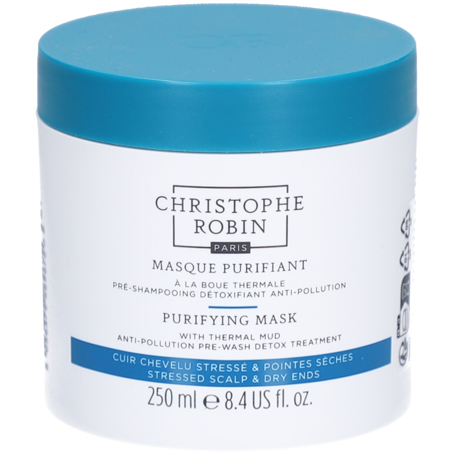 Witte pot met blauwe deksel. Opschrift: Christophe Robin Paris, Masque Purifiant, Purifying Mask, 250 ml.