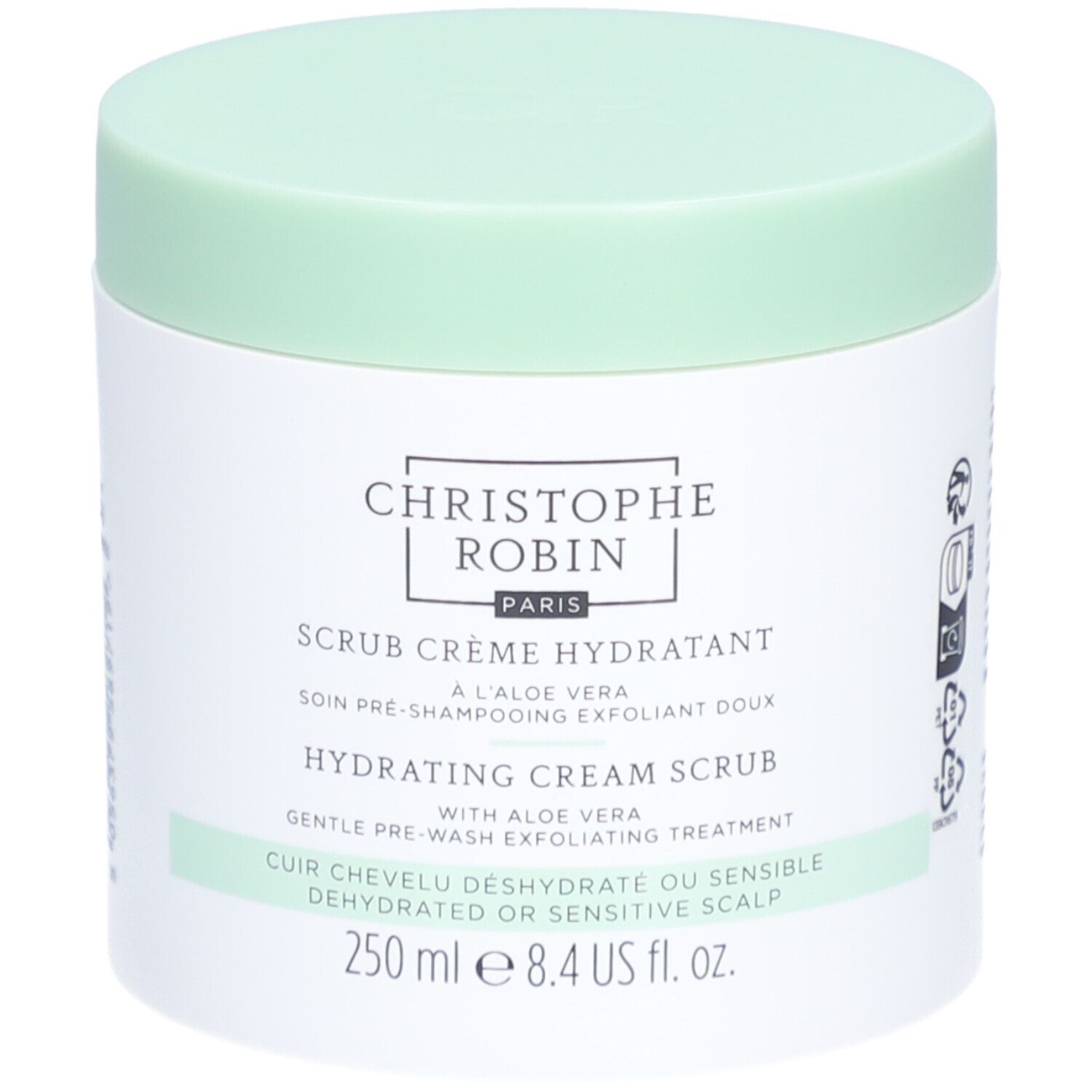 Pot blanc et couvercle vert clair. Inscription : CHRISTOPHE ROBIN PARIS, Scrub Crème Hydratant, 250 ml.