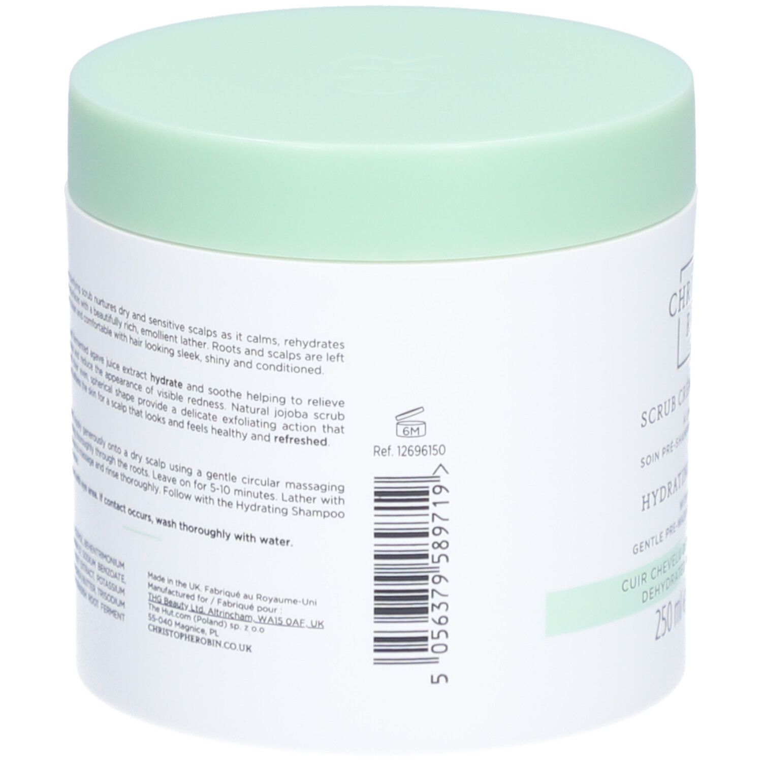 Pot blanc avec couvercle vert clair. Texte au dos. Code-barres et Ref. 12696150.
