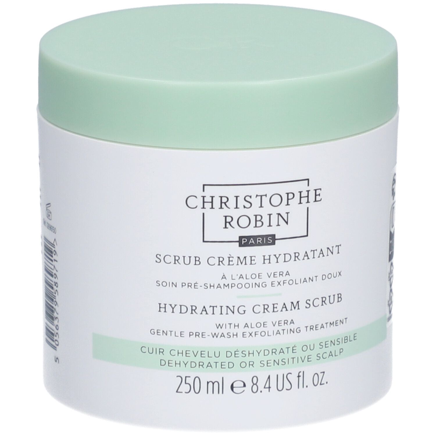 Pot blanc et couvercle vert clair. Inscription : CHRISTOPHE ROBIN PARIS, Scrub Crème Hydratant, 250 ml.