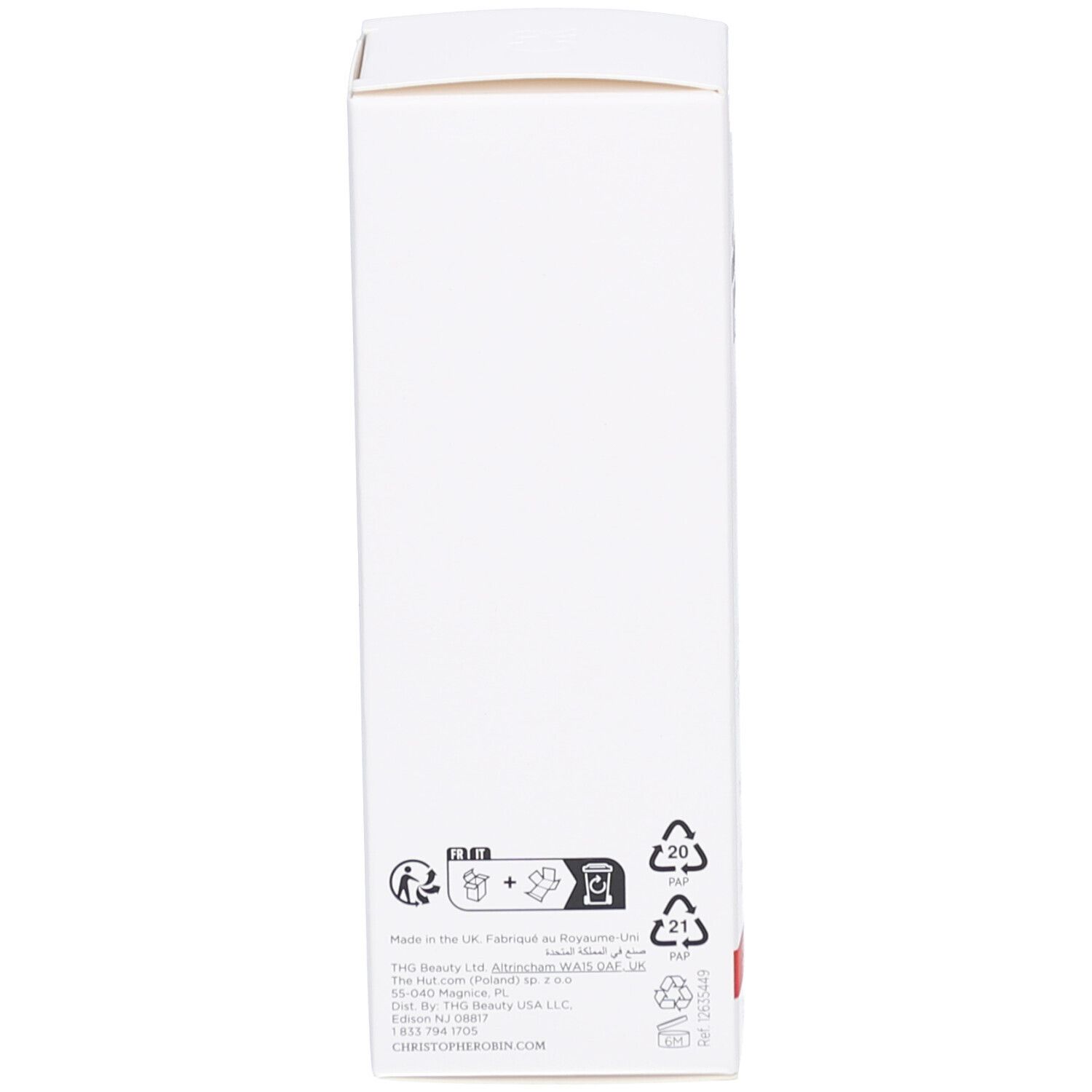 Dos de la boîte blanche. Symboles de recyclage et informations du fabricant.