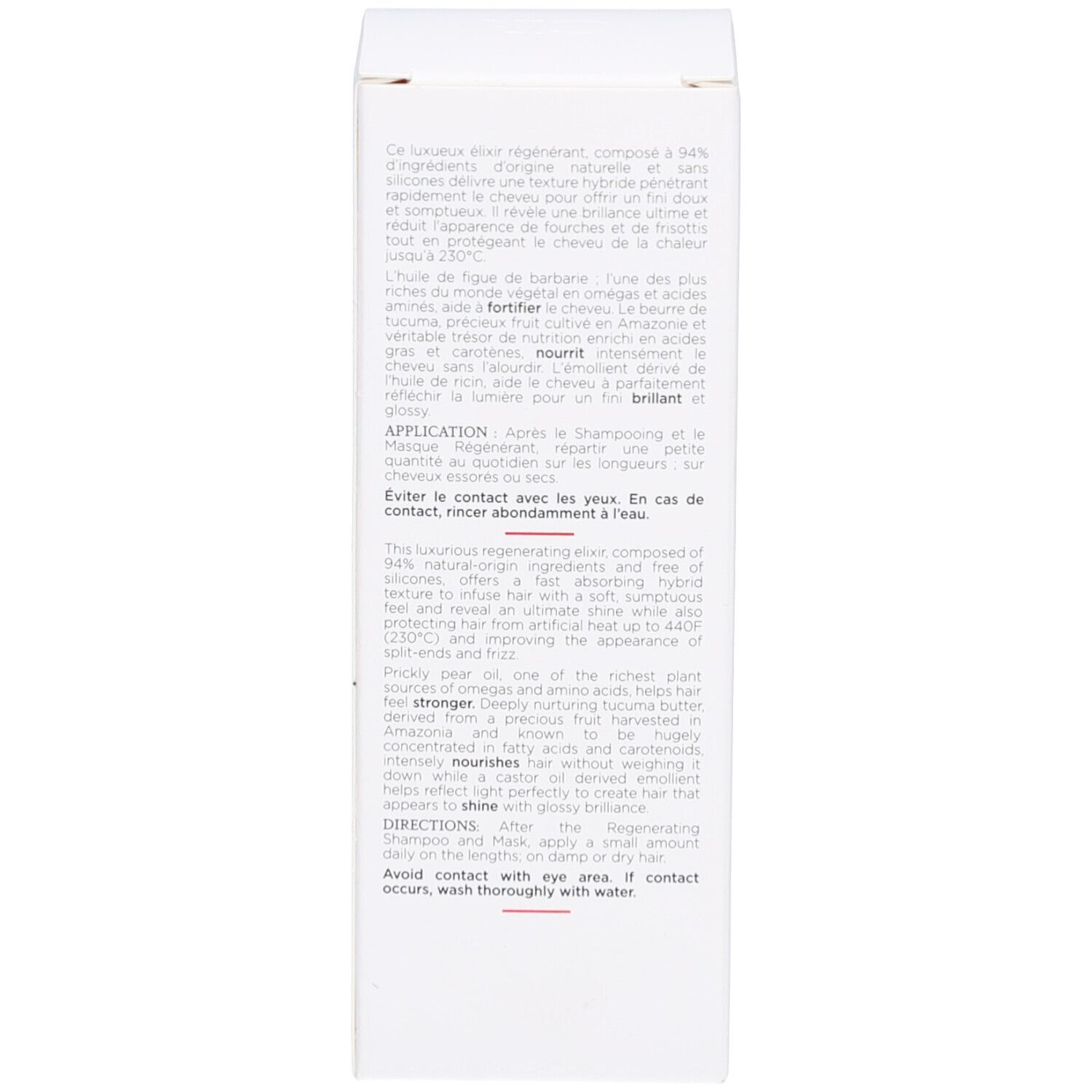 Intérieur de la boîte blanche. Texte en français et anglais. Description du produit.