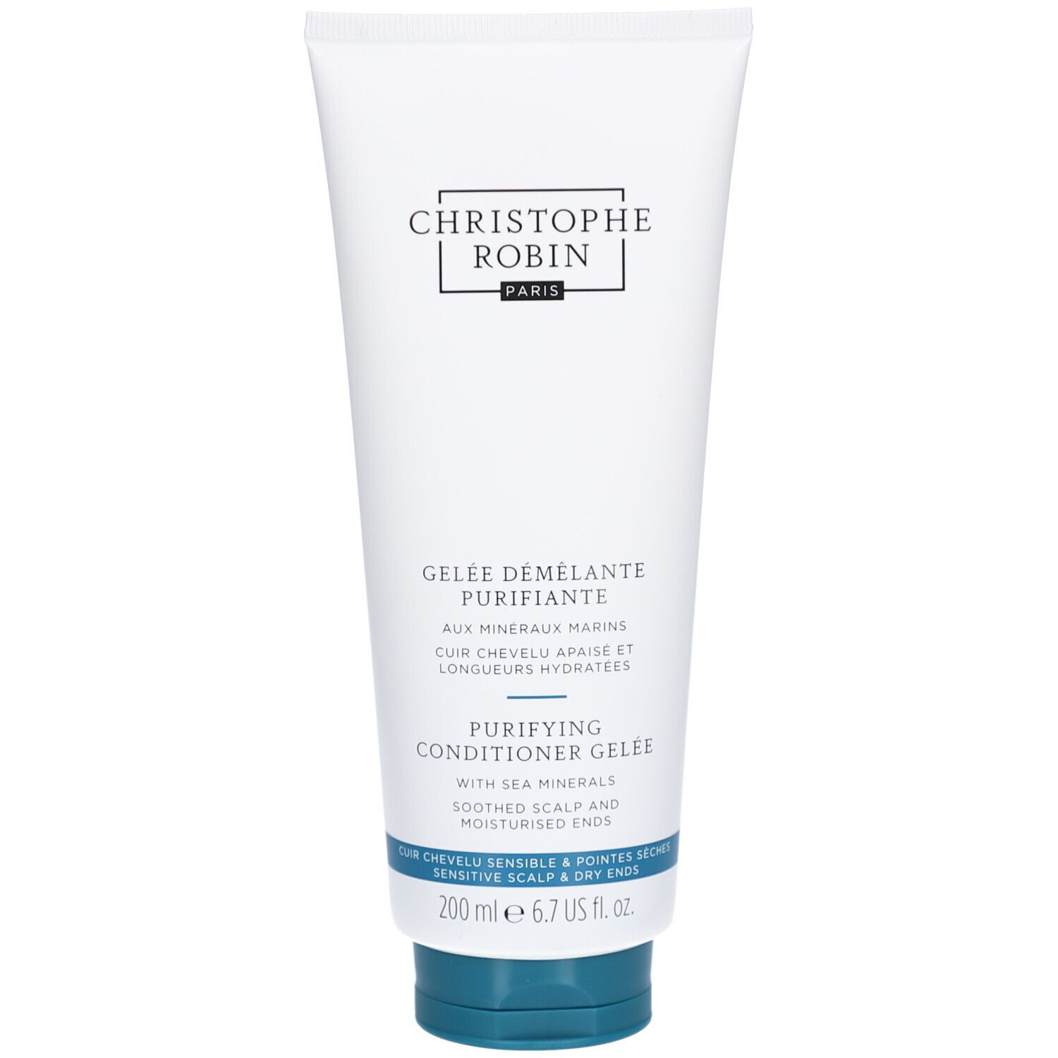 Tube blanche et bleue. Inscription: CHRIS ROBIN PARIS, GELEE DÉMÊLANTE PURIFIANTE, PURIFYING CONDITIONER GELEE. 200 ml.
