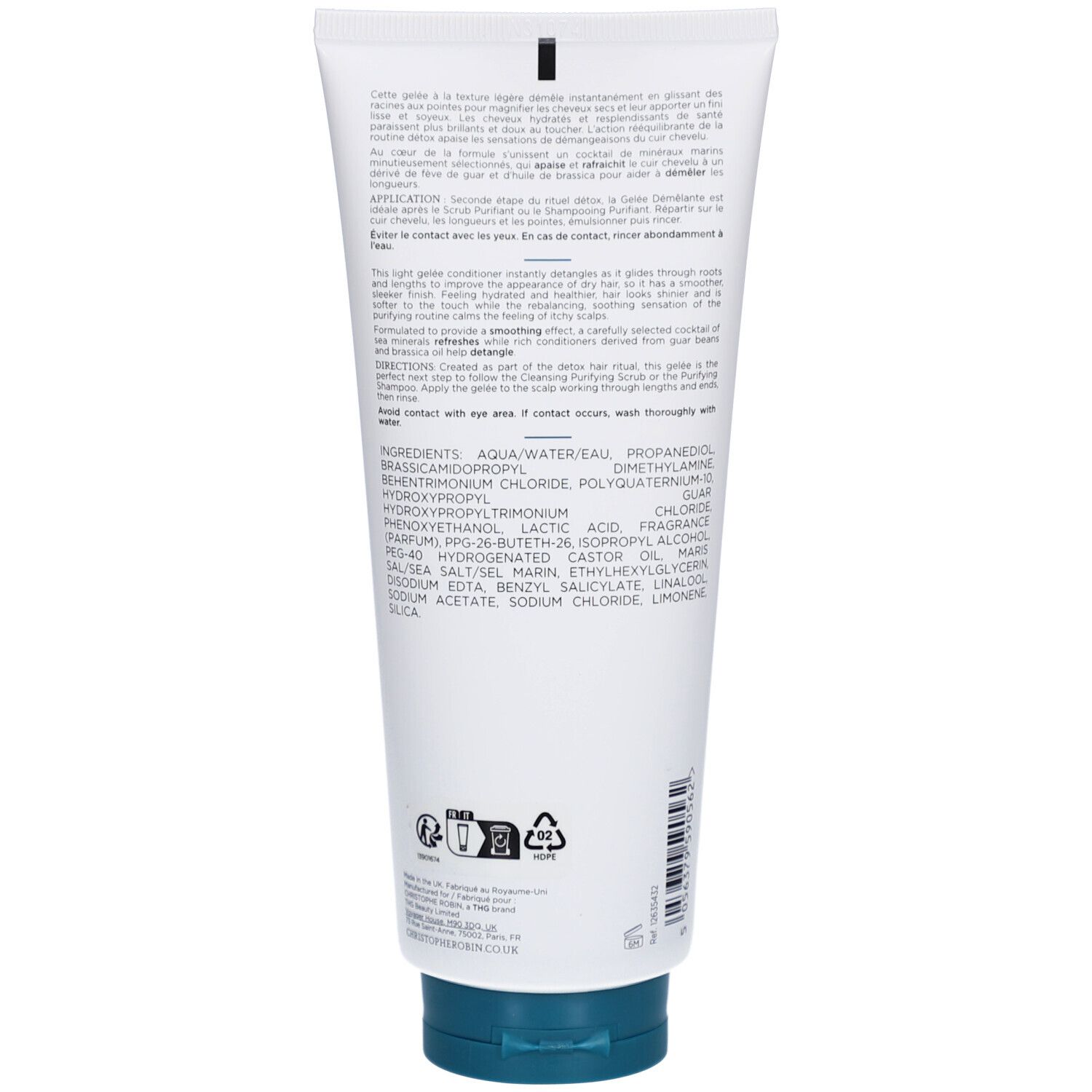 Dos d'un tube blanc et bleu. Texte multilingue. Symboles de recyclage.