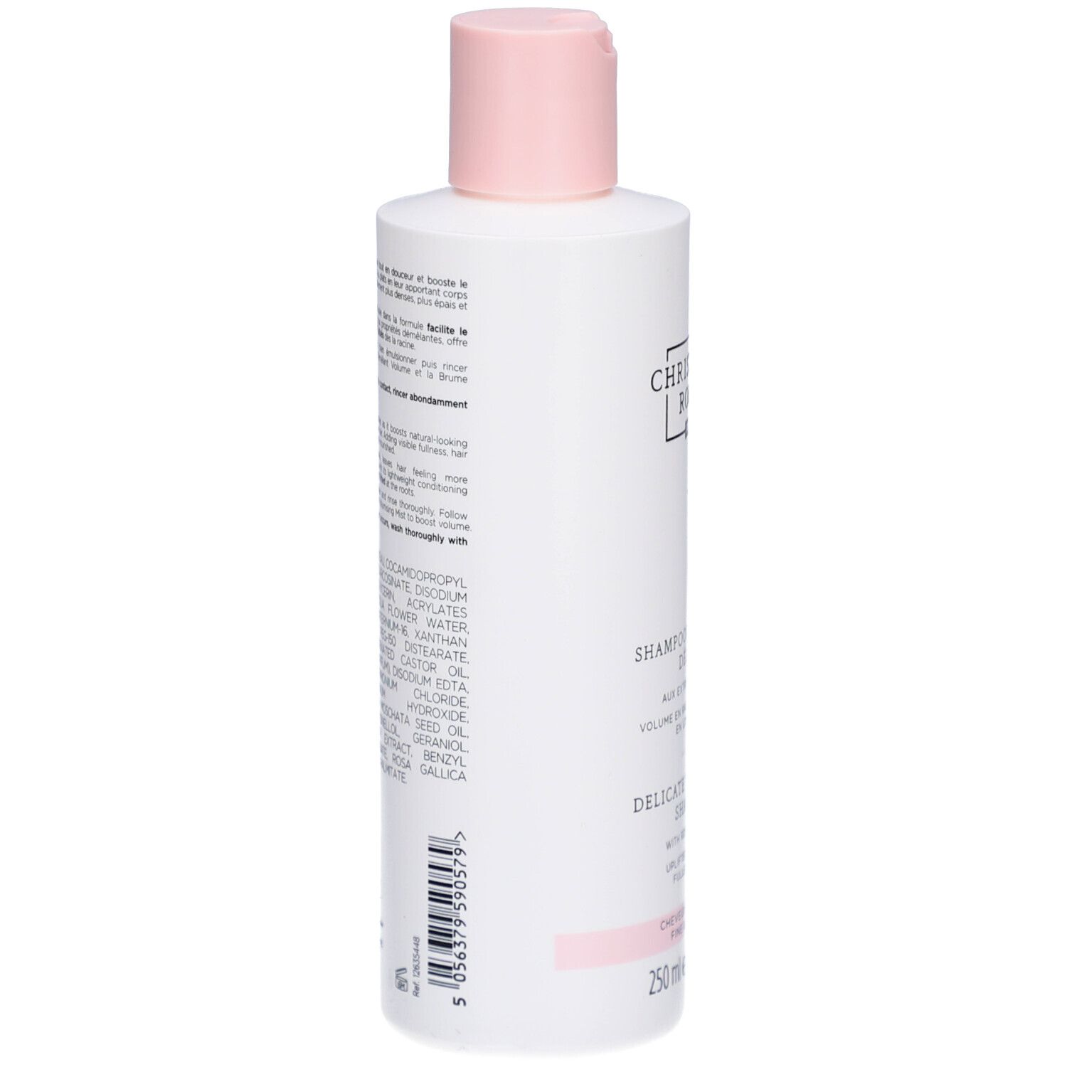 Achterkant van een witte fles met roze dop. Tekst en ingrediënten in meerdere talen. Streepjescode en productie-informatie.