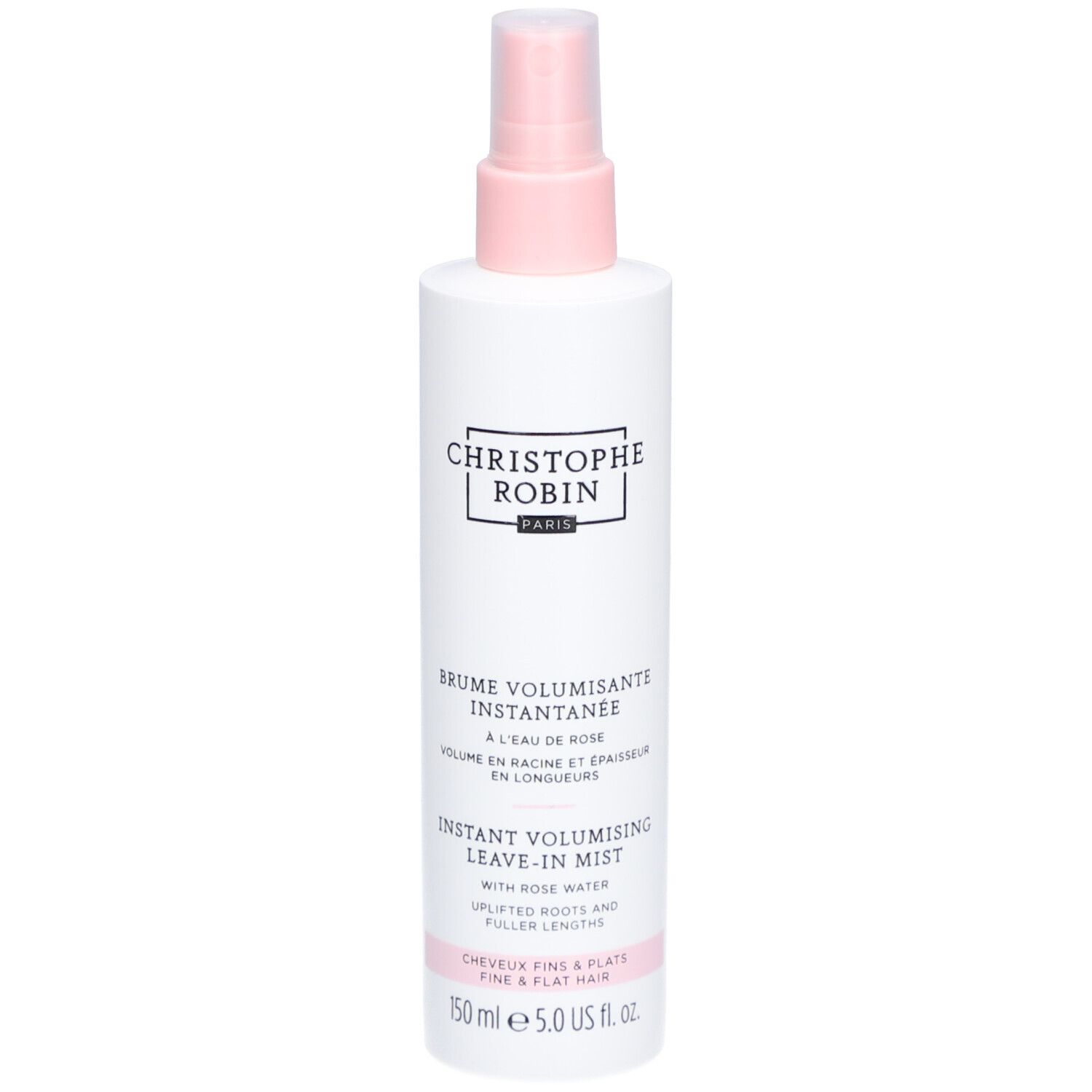 Spray blanc avec vaporisateur rose. Inscription: CHRISTOPHE ROBIN PARIS. Texte: Brume Volumisant Instantanée. 150 ml.