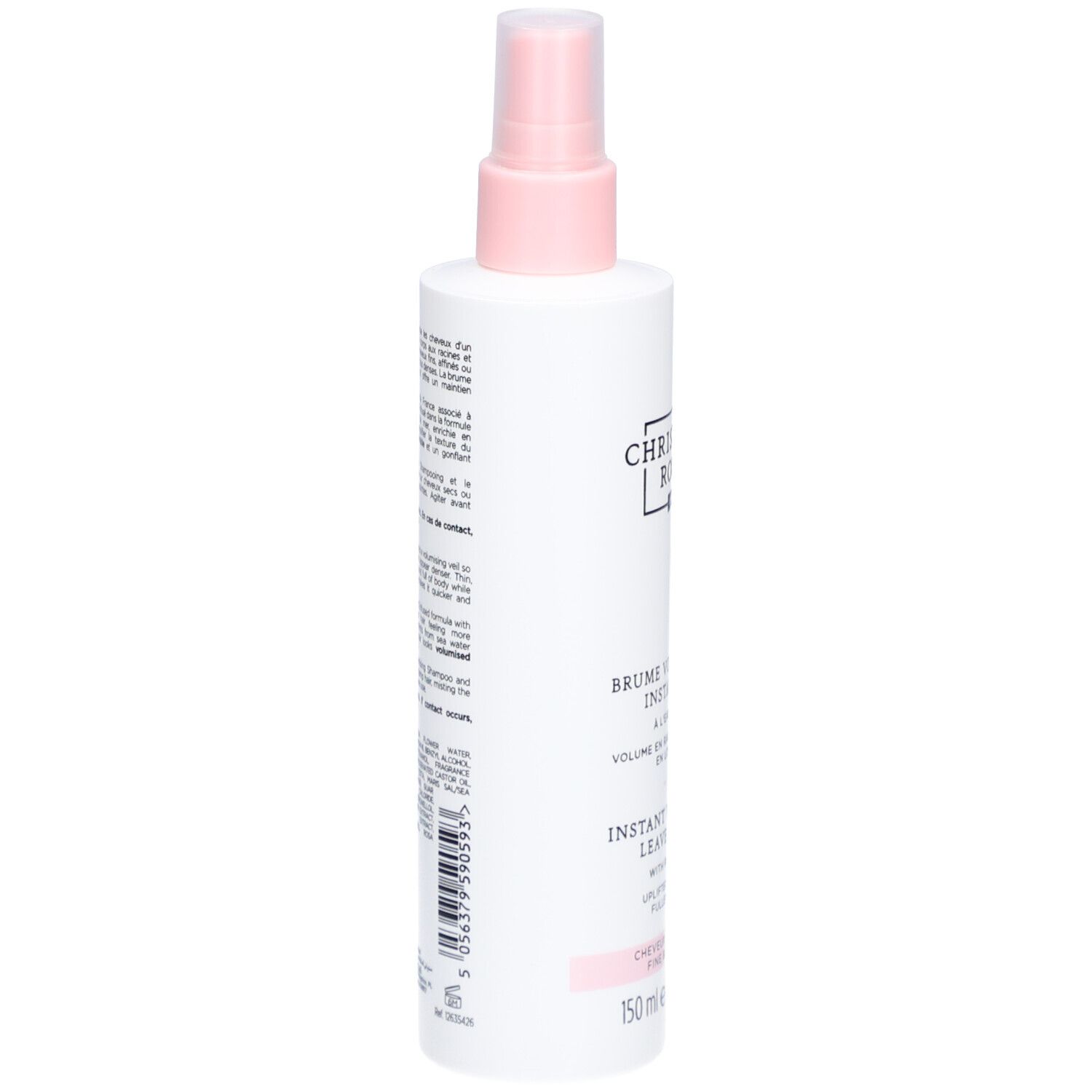 Spray blanc avec vaporisateur rose. Inscription: CHRISTOPHE ROBIN PARIS. Texte sur le côté. 150 ml.