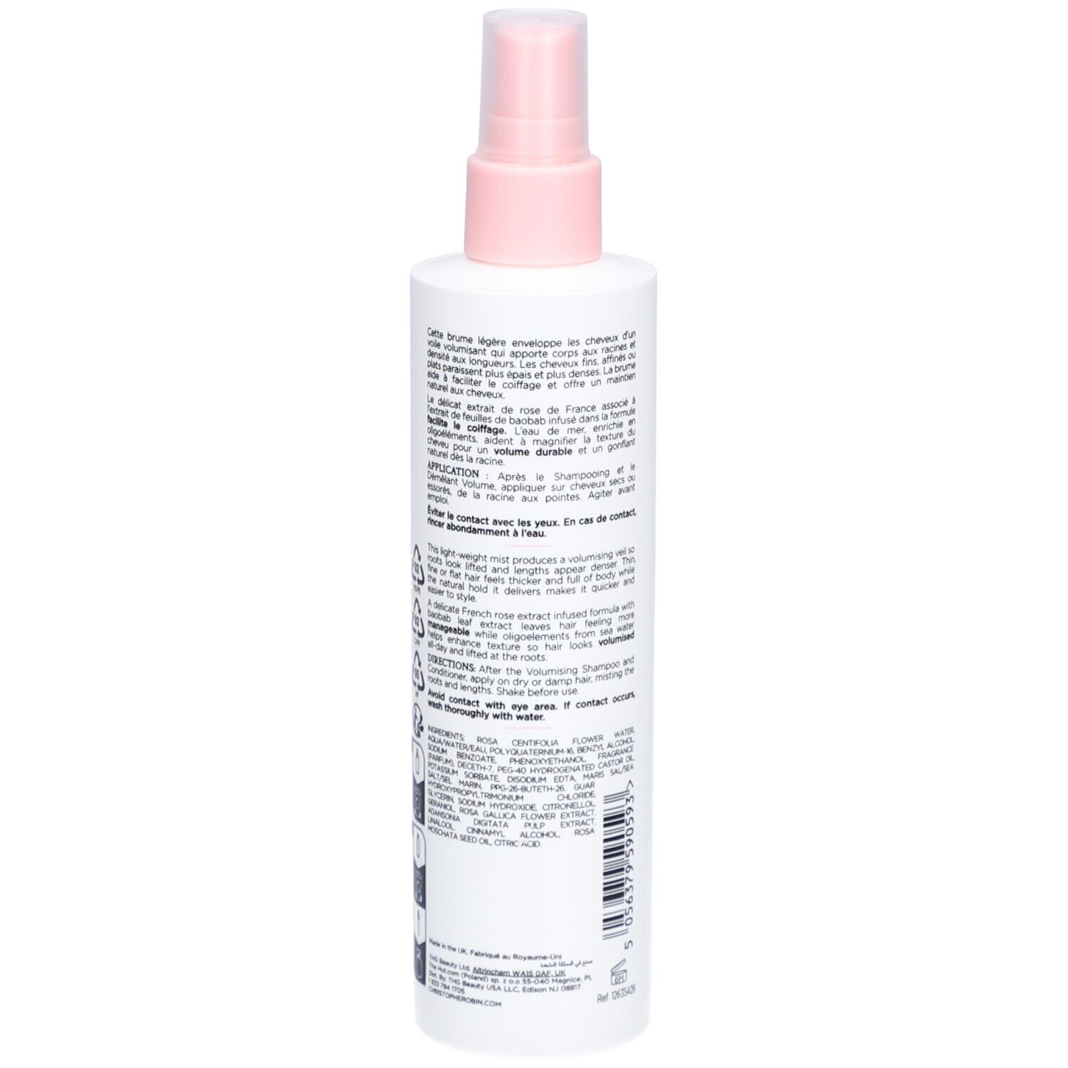 Spray blanc avec vaporisateur rose. Texte au dos. Ingrédients et instructions d'utilisation. 150 ml.