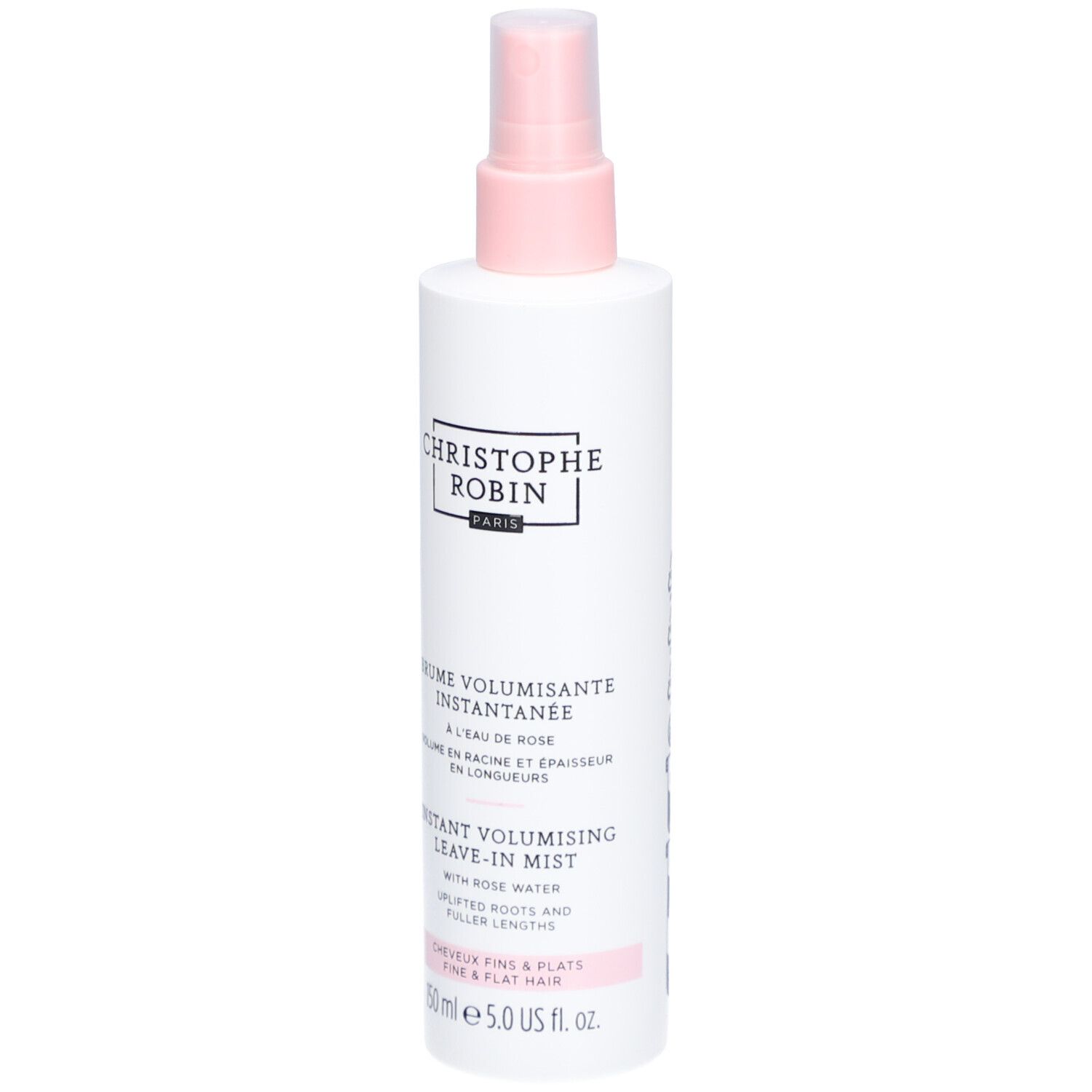 Spray blanc avec vaporisateur rose. Inscription: CHRISTOPHE ROBIN PARIS. Texte: Brume Volumisant Instantanée. 150 ml.