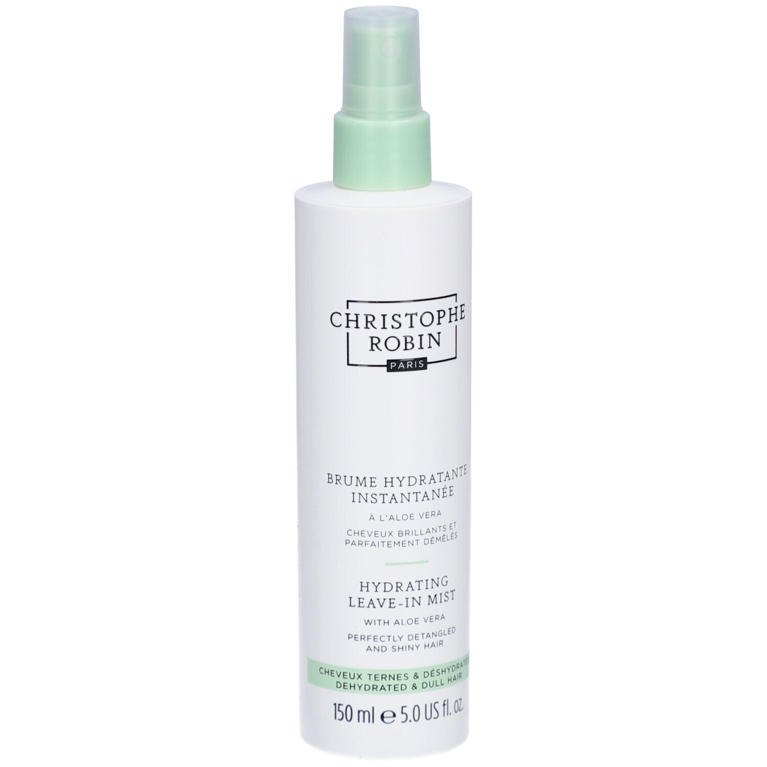 Flacon pulvérisateur blanc avec tête verte. Texte: CHRISTOPHE ROBIN PARIS, BRUME HYDRATANTE INSTANTANEE, HYDRATING LEAVE-IN MIST.