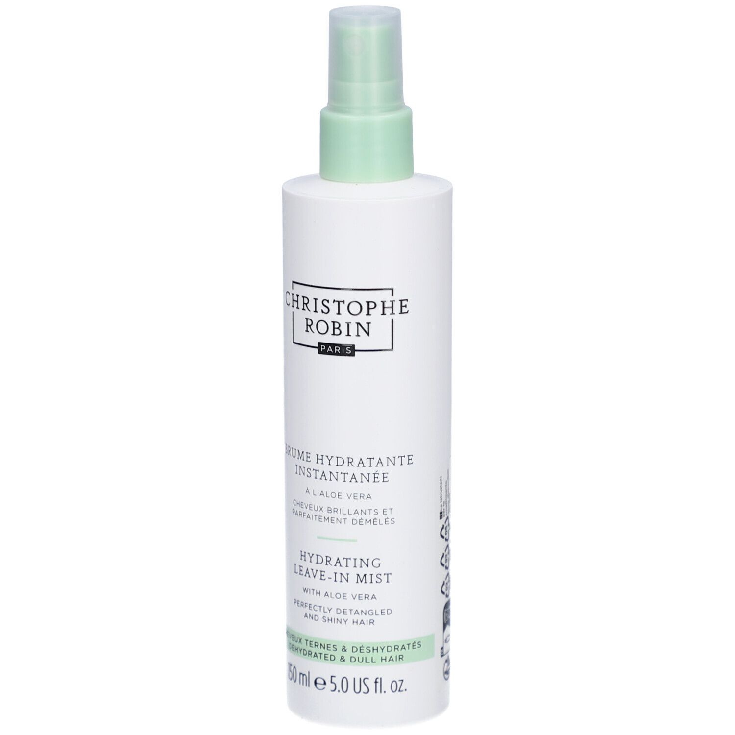 Flacon pulvérisateur blanc avec tête verte. Texte: CHRISTOPHE ROBIN PARIS, BRUME HYDRATANTE INSTANTANEE, HYDRATING LEAVE-IN MIST.