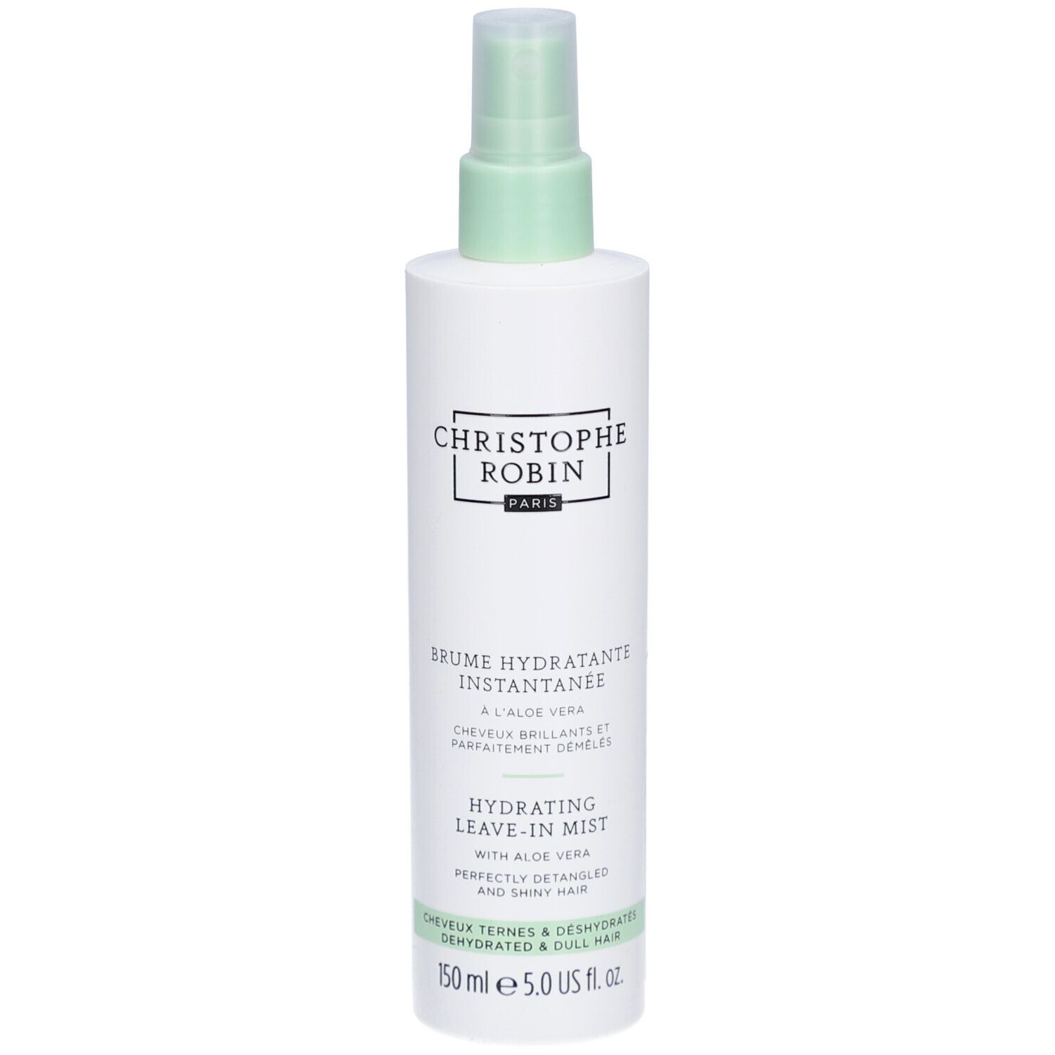 Flacon pulvérisateur blanc avec tête verte. Texte: CHRISTOPHE ROBIN PARIS, BRUME HYDRATANTE INSTANTANEE, HYDRATING LEAVE-IN MIST.