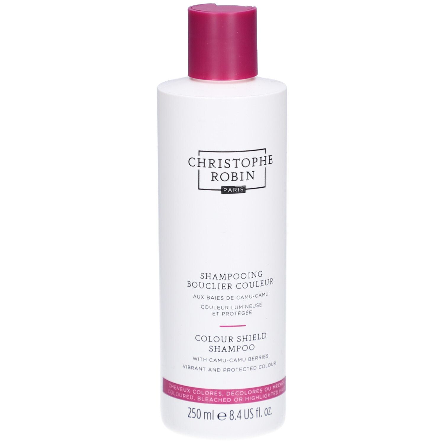 Flacon blanc, bouchon rose. Inscriptions: Christophe Robin, Shampooing Bouclier Couleur, Colour Shield Shampoo.