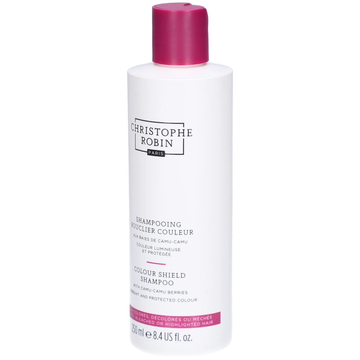 Flacon blanc, bouchon rose. Inscriptions: Christophe Robin, Shampooing Bouclier Couleur, Colour Shield Shampoo.