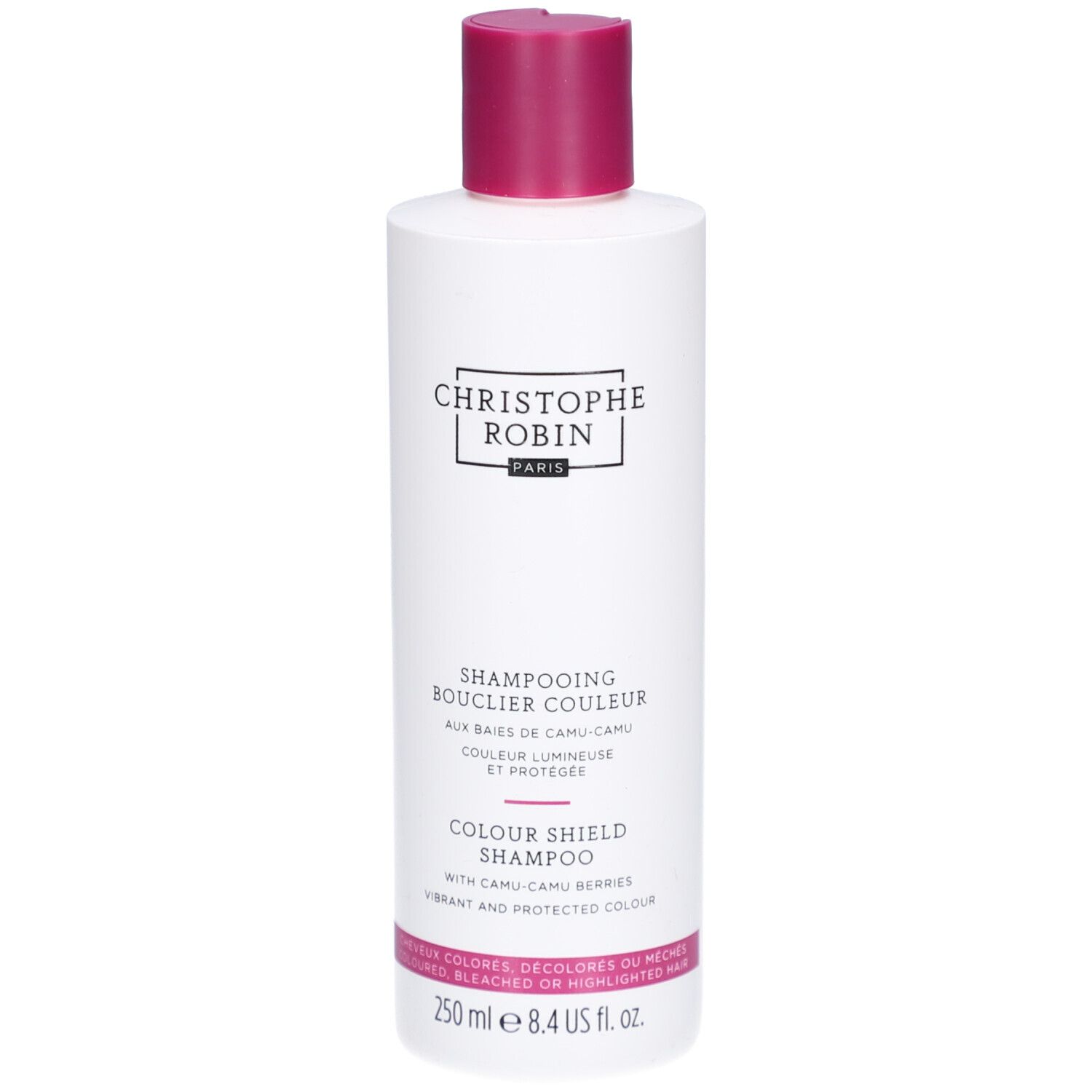 Flacon blanc, bouchon rose. Inscriptions: Christophe Robin, Shampooing Bouclier Couleur, Colour Shield Shampoo.
