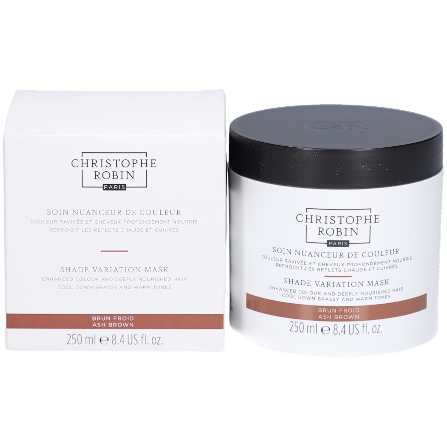 Emballage du produit: pot et boîte. Inscription: Christophe Robin, Shade Variation Mask. Bande marron.
