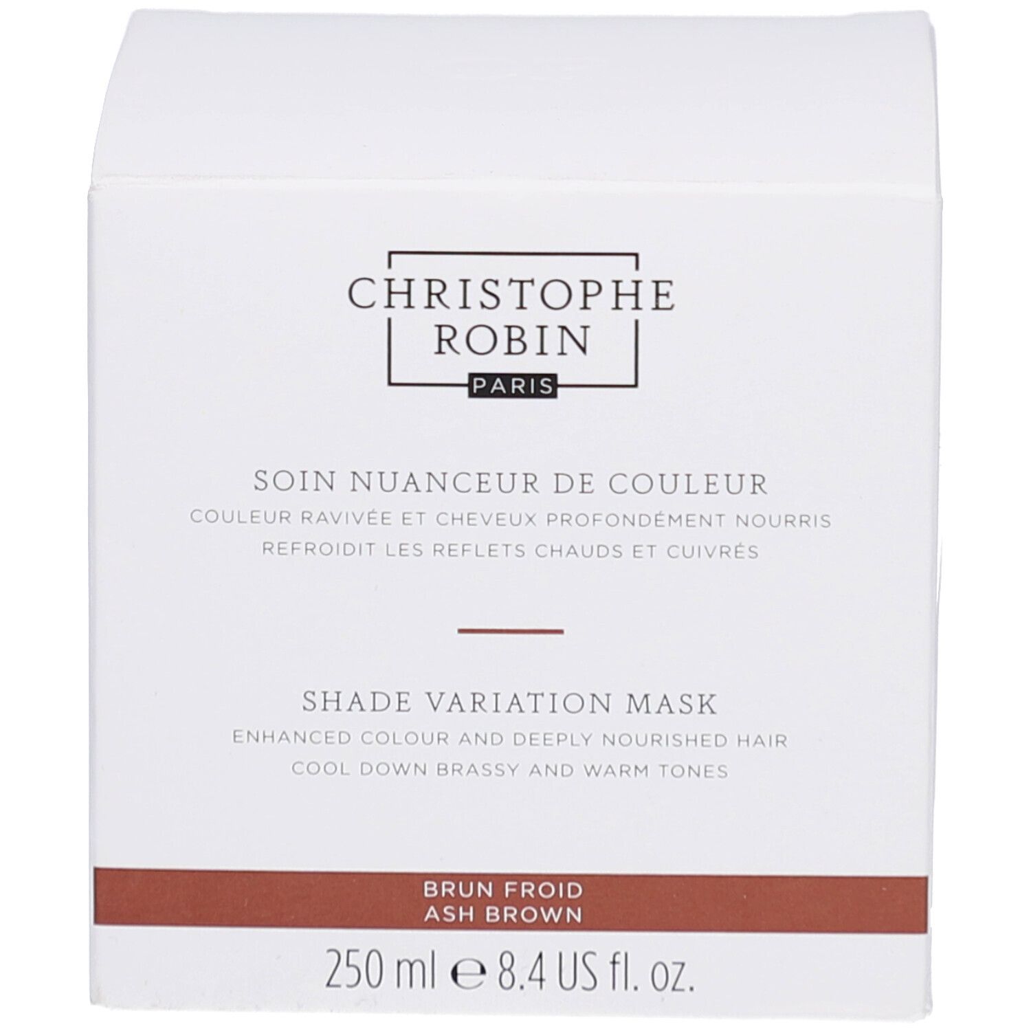 Emballage blanc du produit. Inscription: Christophe Robin, Shade Variation Mask. Bande marron.