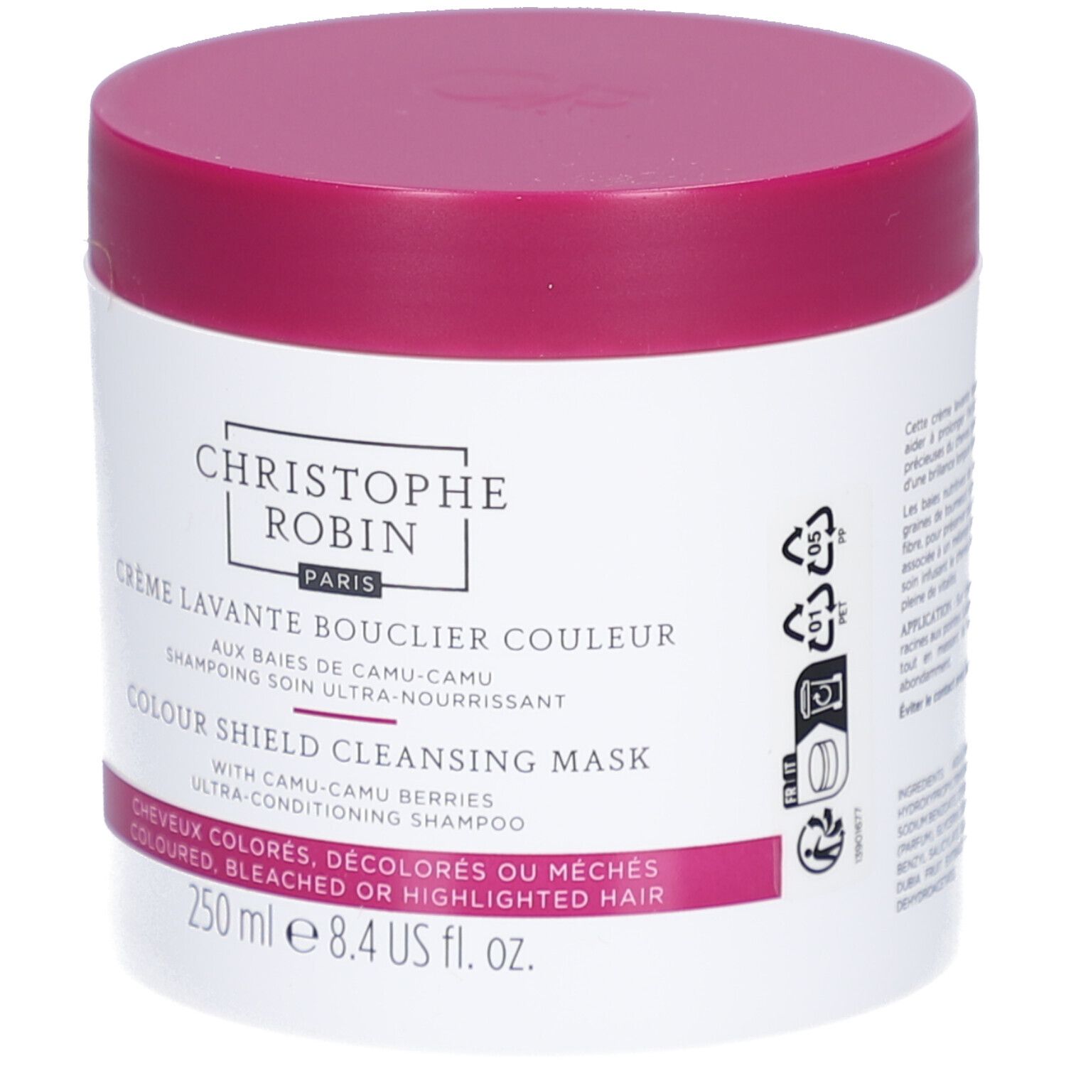 Christophe Robin Kleurbeschermende Wascrème met Camu-Camu Bessen, 250 ml, met recycling-symbolen.