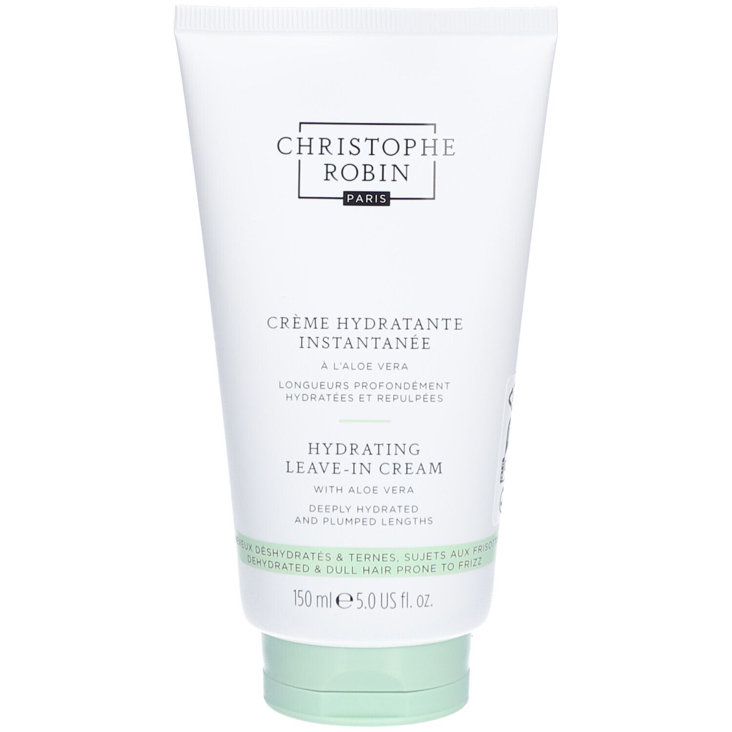 Tube blanc, bouchon vert. Texte: CHRISTOPHE ROBIN PARIS, Crème Hydratante Instantanée à l'Aloe Vera, Hydrating Leave-in Cream.