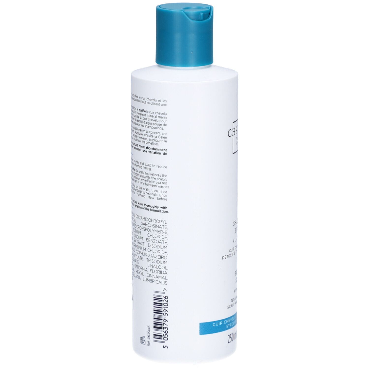 Achterkant van de shampoo fles. Meertalige tekst, ingrediënten en fabrikant informatie.
