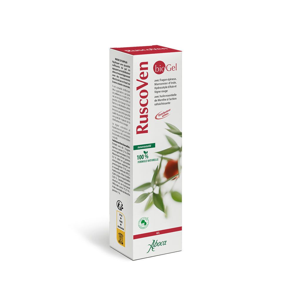 Aboca Ruscoven bioGel-verpakking. Witte doos met rode en groene tekst. Bevat productinformatie en logo.