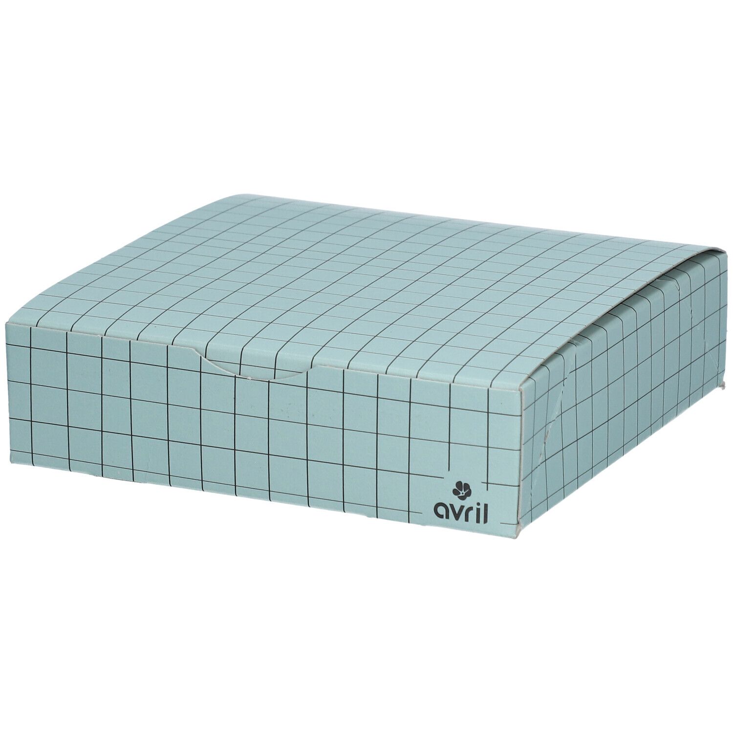 Lichtblauwe geruite geschenkdoos met deksel. Logo van avril.