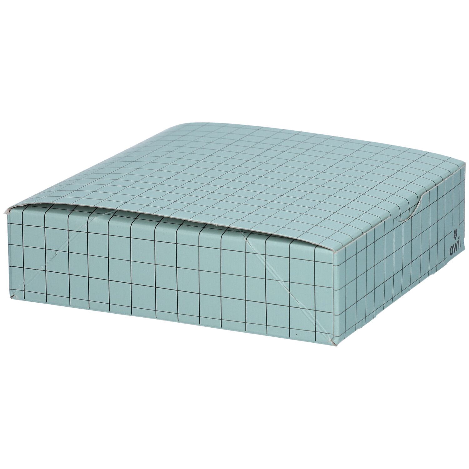 Lichtblauwe geruite geschenkdoos met deksel. Logo van avril.