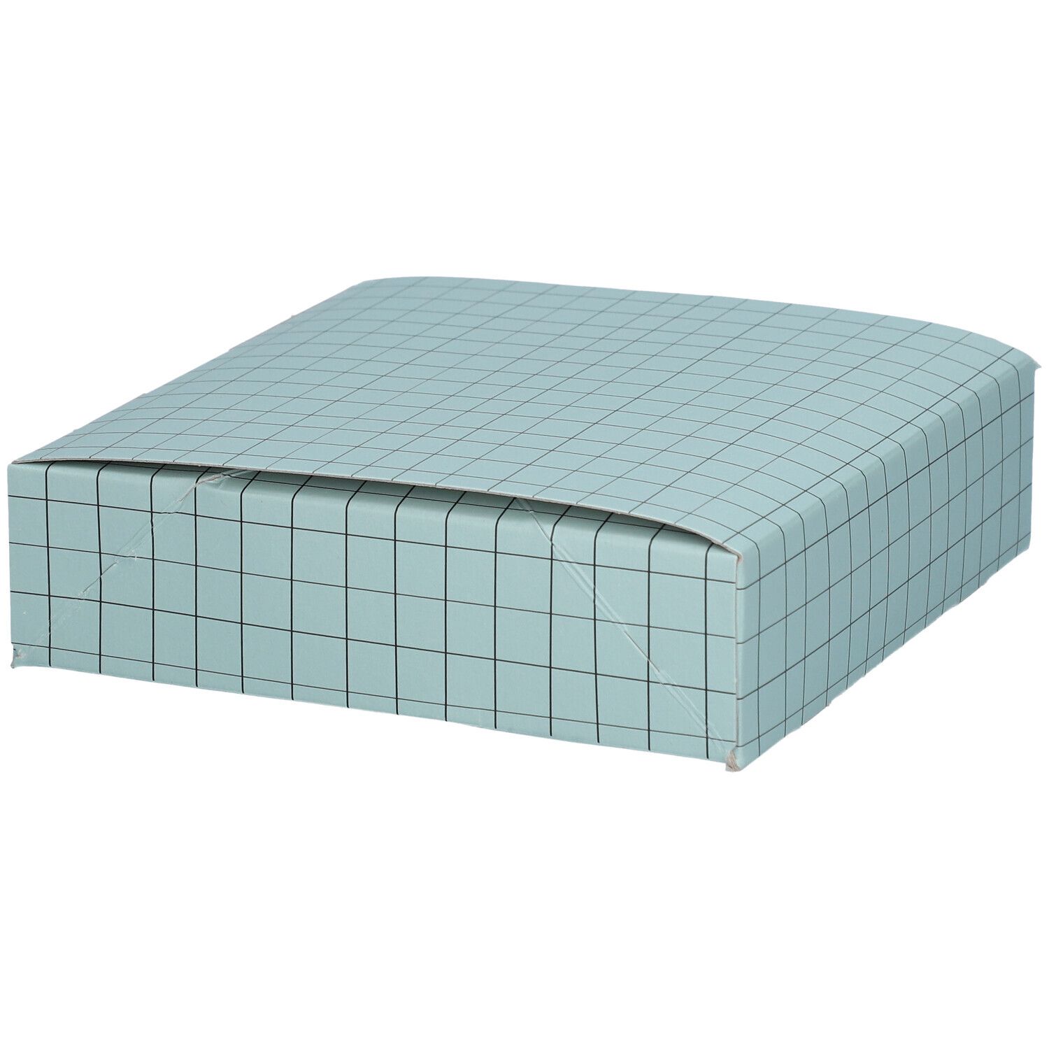 Lichtblauwe geruite geschenkdoos met deksel. Logo van avril.