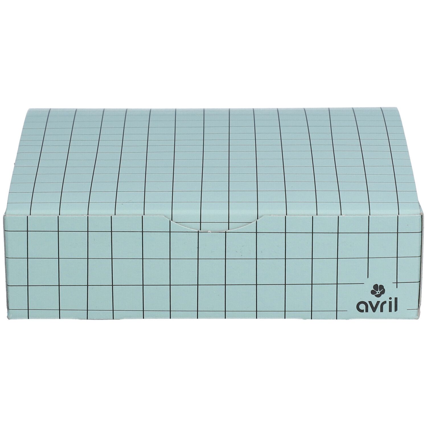 Lichtblauwe geruite geschenkdoos met deksel. Logo van avril.