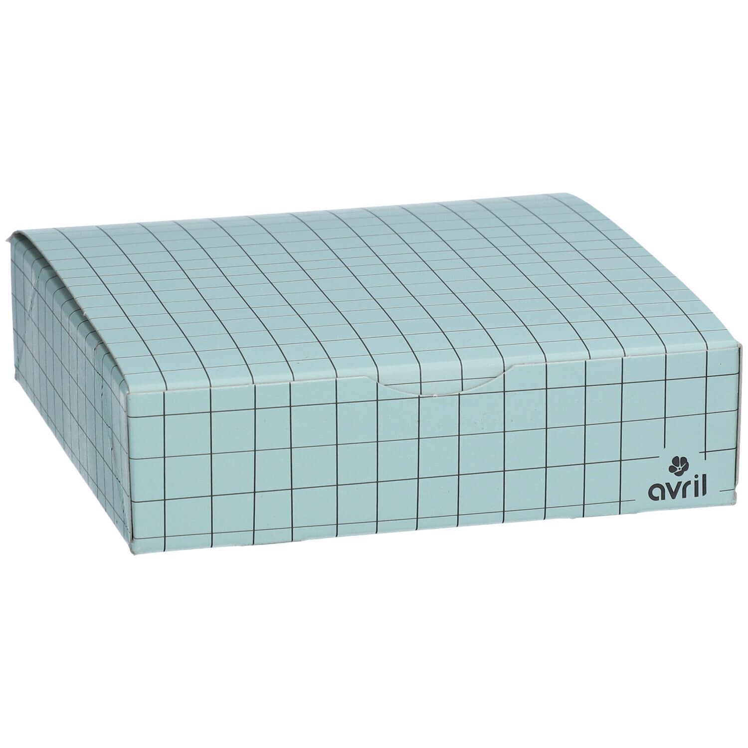 Lichtblauwe geruite geschenkdoos met deksel. Logo van avril.