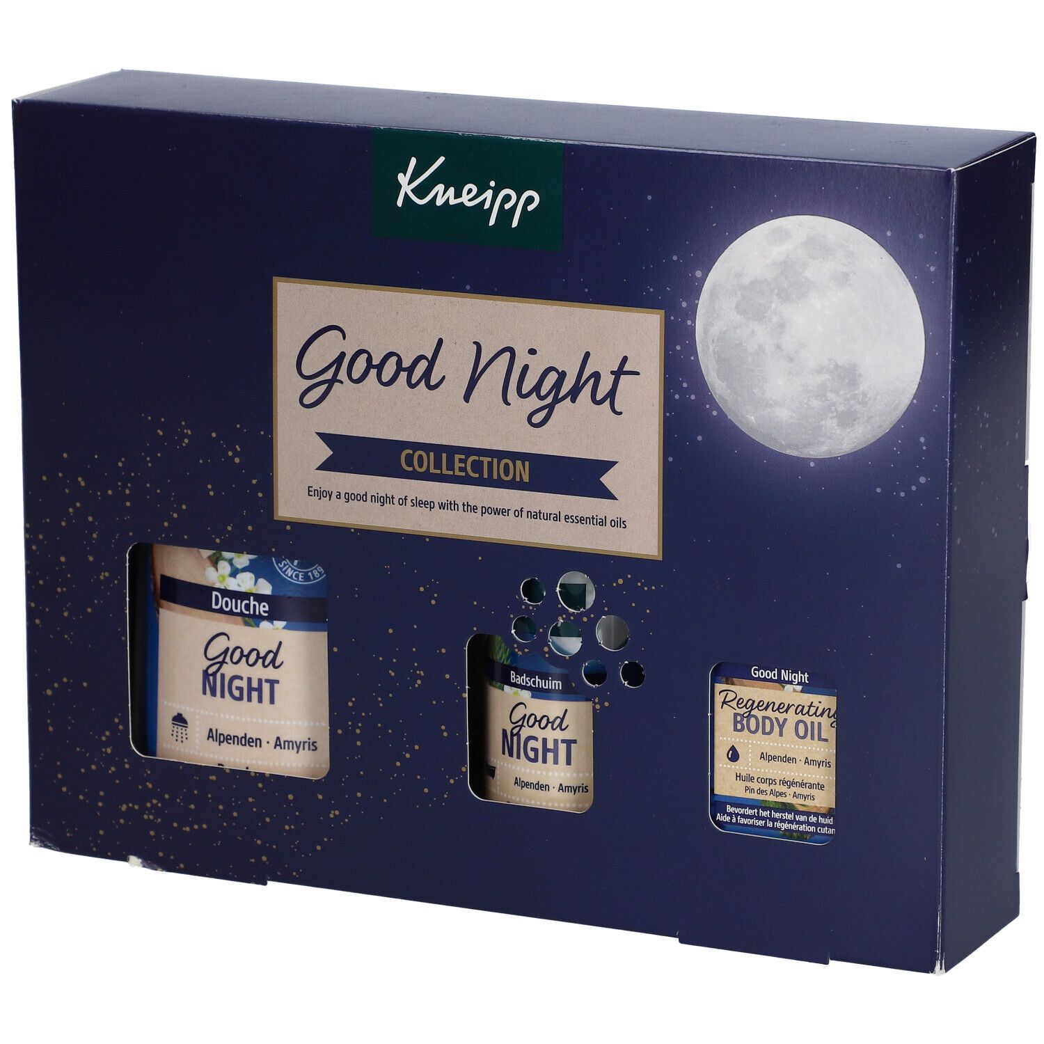 Donkerblauwe Kneipp Good Night geschenkverpakking. Bevat douchegel, badzout en body oil. Maan en sterren op de achtergrond.