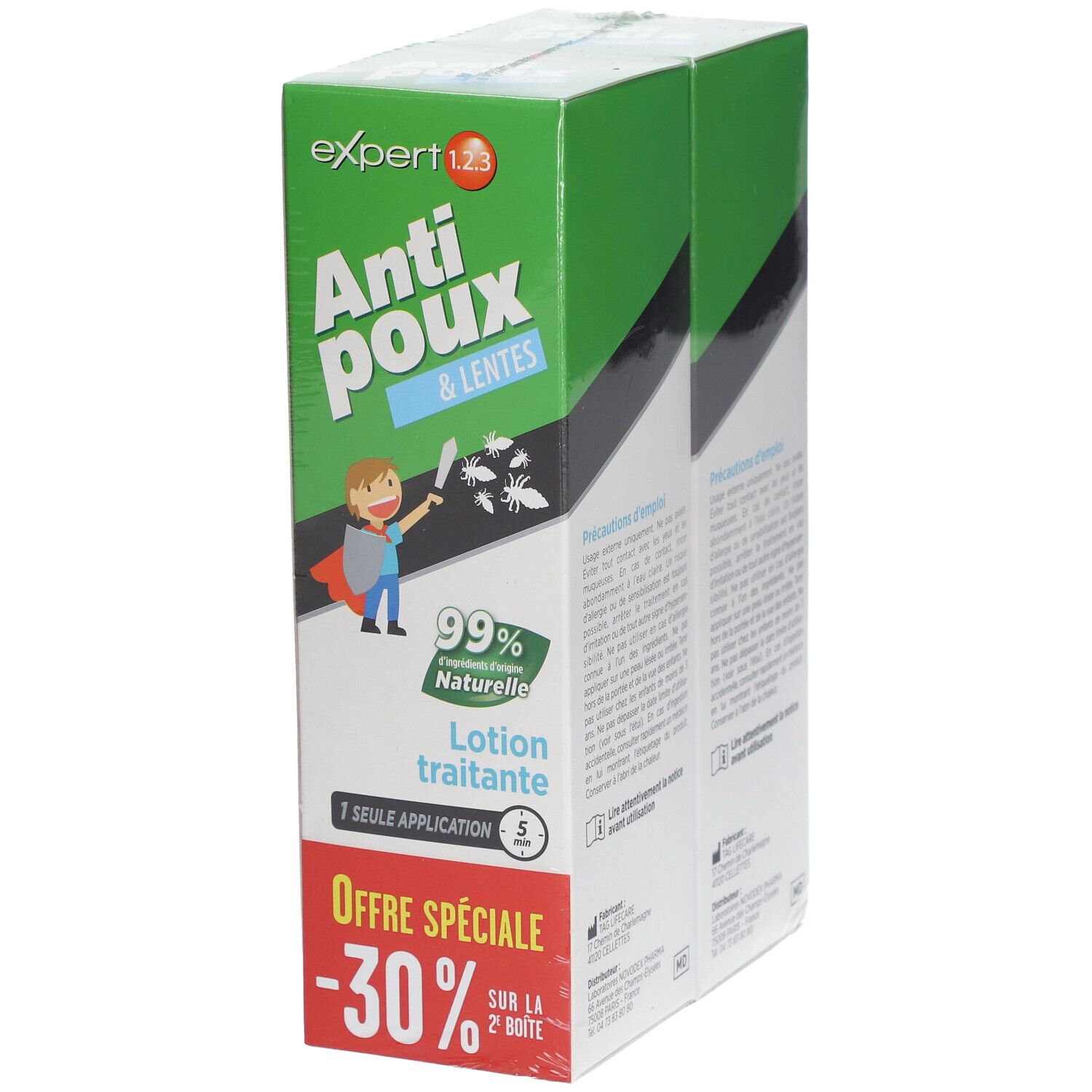 Verpakking van Expert 1.2.3 Anti-Poux & Lentes Lotion traitante. Groen-witte doos met productnaam en kind-illustratie.