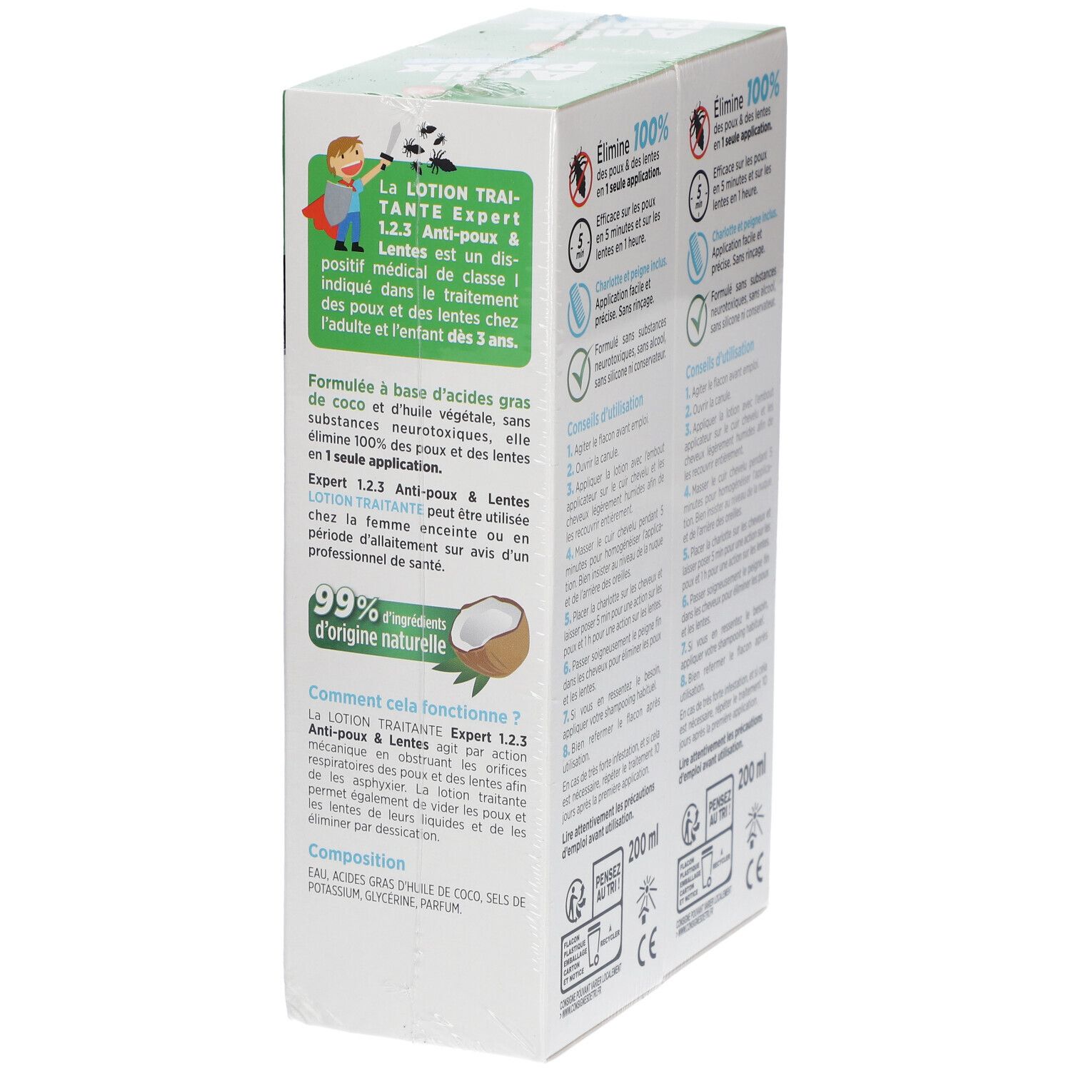 Zijkant van de Expert 1.2.3 Anti-Poux & Lentes Lotion traitante verpakking. Tekst en logo's.