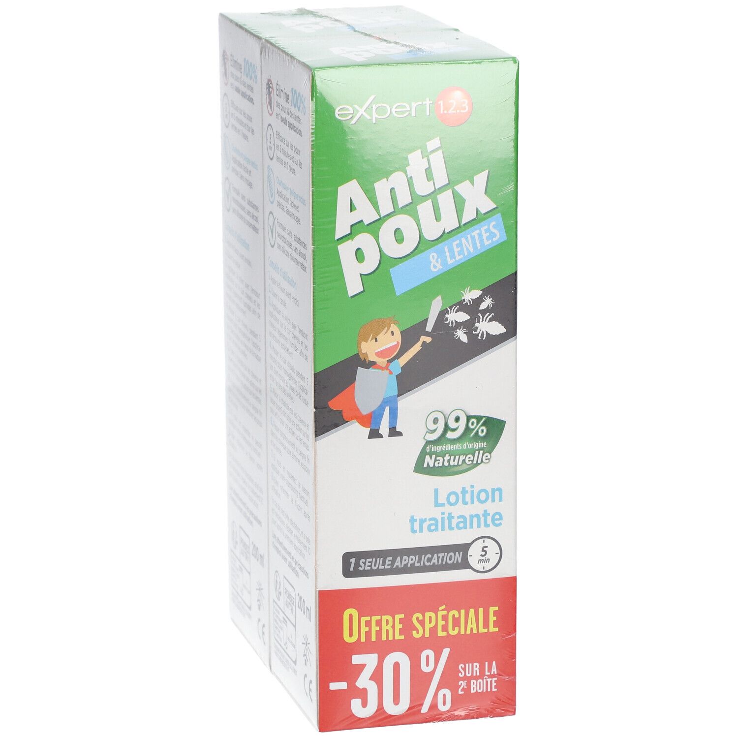 Twee verpakkingen van Expert 1.2.3 Anti-Poux & Lentes Lotion traitante. Groen-witte dozen met productnaam en illustratie.