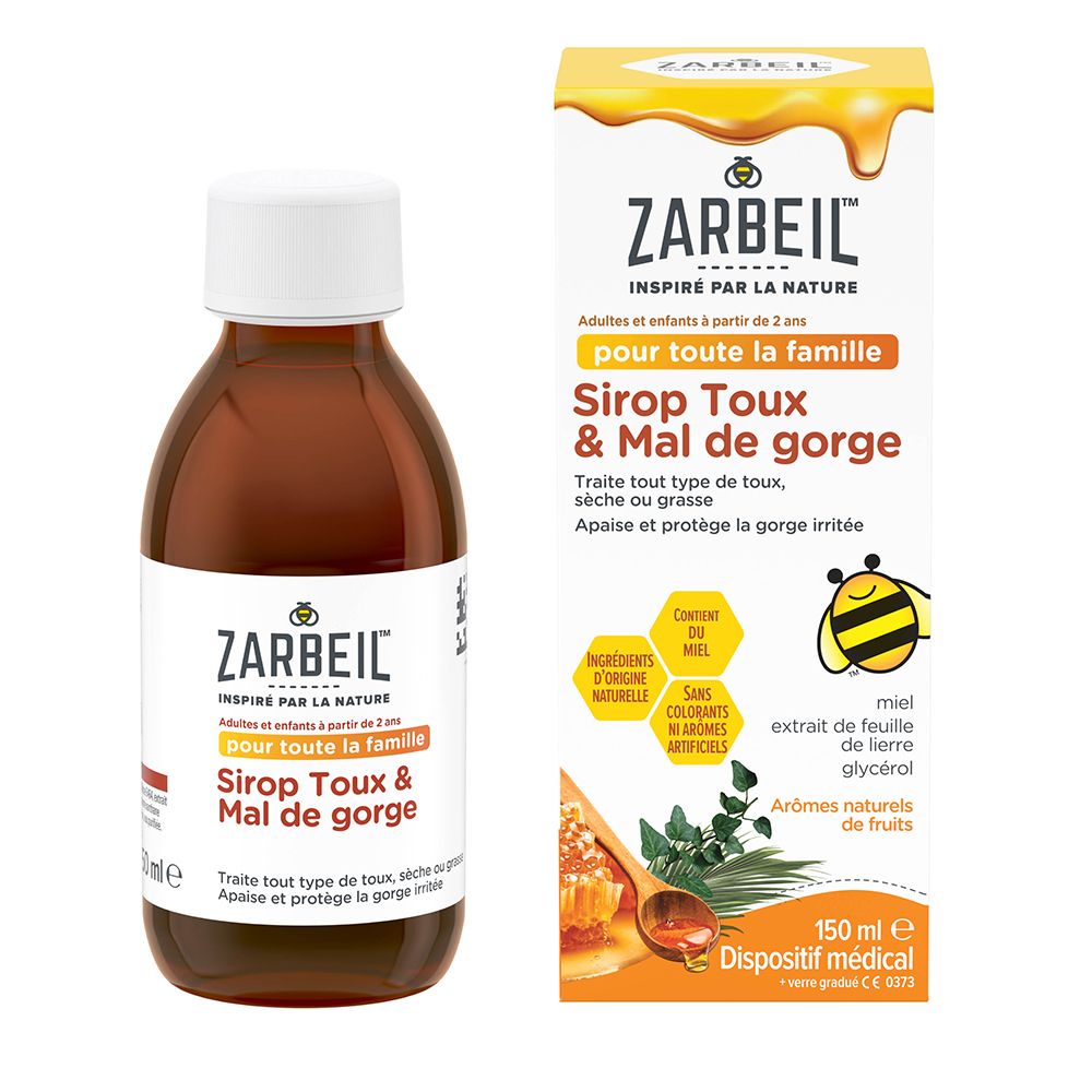 Flacon et boîte ZARBEIL Sirop Toux & Mal de gorge. Ingrédients naturels, sans colorants ni arômes artificiels.