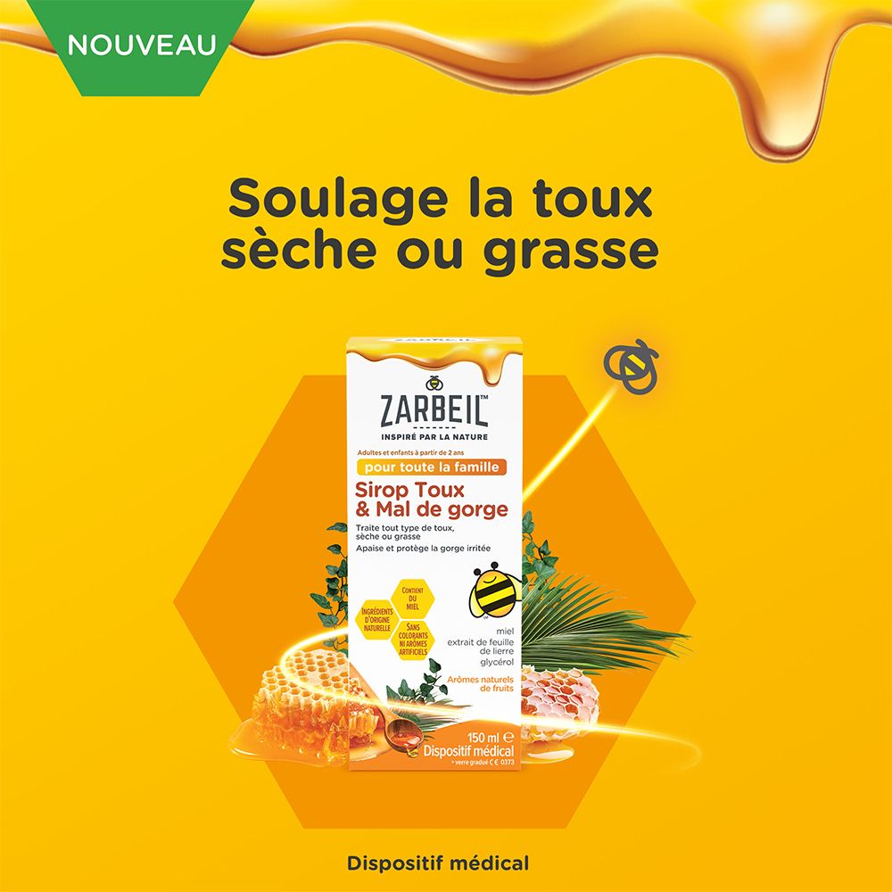 Fond jaune avec texte: ZARBEIL Sirop Toux & Mal de gorge. Soulage la toux sèche ou grasse.