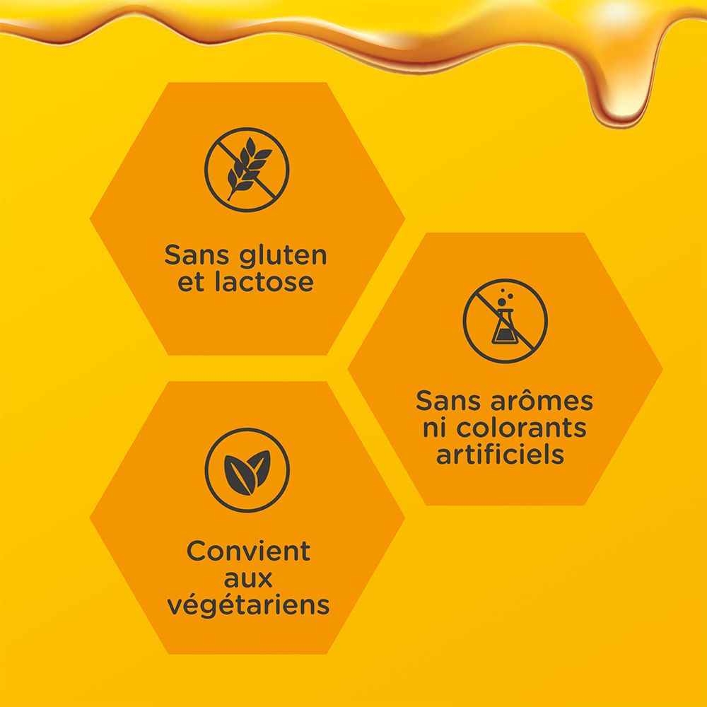 Fond jaune avec symboles: Sans gluten et lactose, convient aux végétariens.