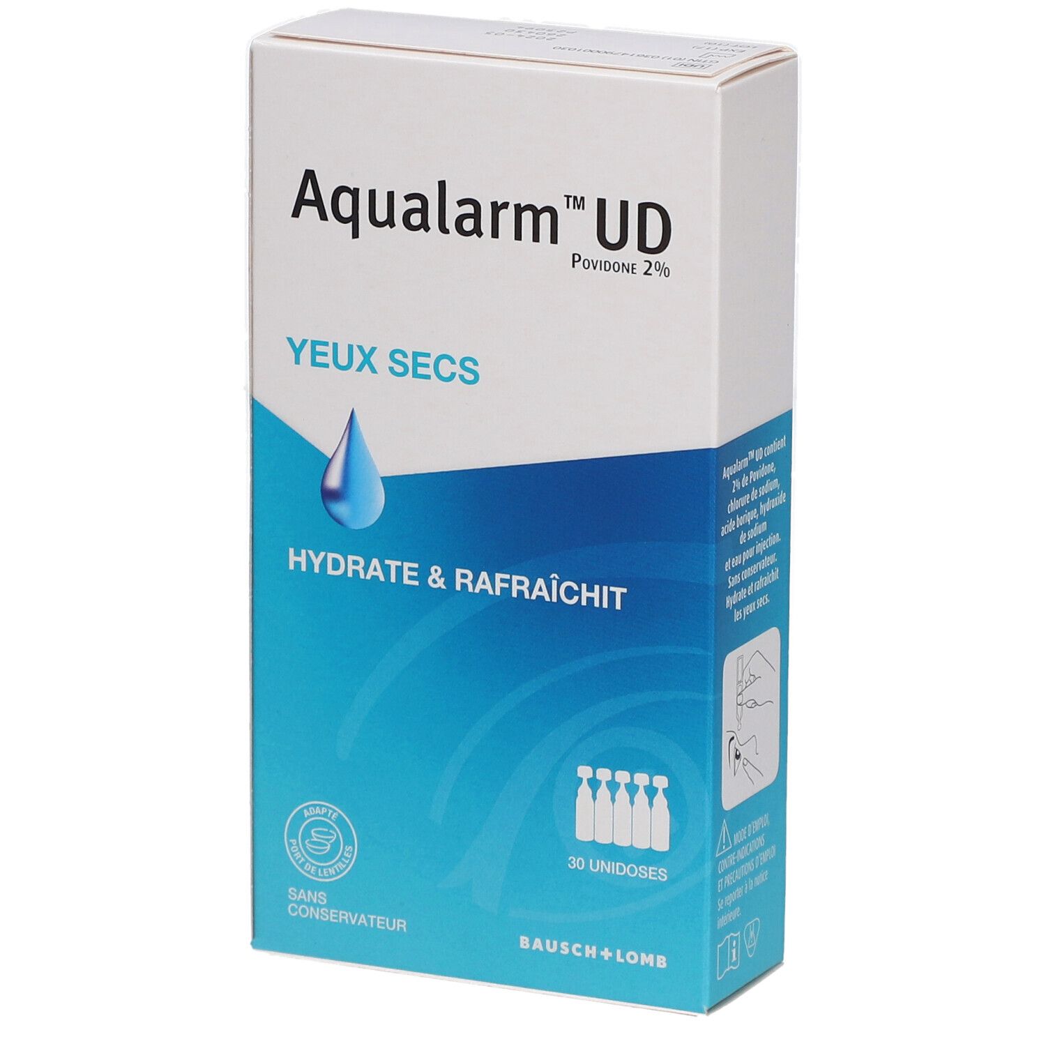 Doos met productnaam en druppel. Tekst: YEUX SECS, HYDRATE & RAFRAÎCHIT. 30 unidoses. Merk Bausch+Lomb.