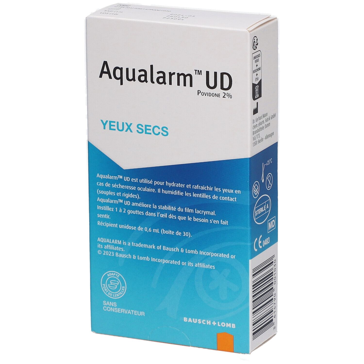 Doos met productnaam en tekst. Tekst: YEUX SECS, druppel. Productbeschrijving in het Frans. CE-markering.