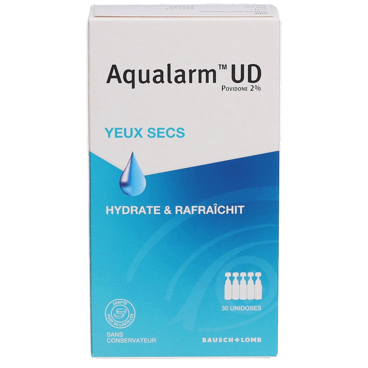 Doos met productnaam en druppel. Tekst: YEUX SECS, HYDRATE & RAFRAÎCHIT. 30 unidoses. Merk Bausch+Lomb.