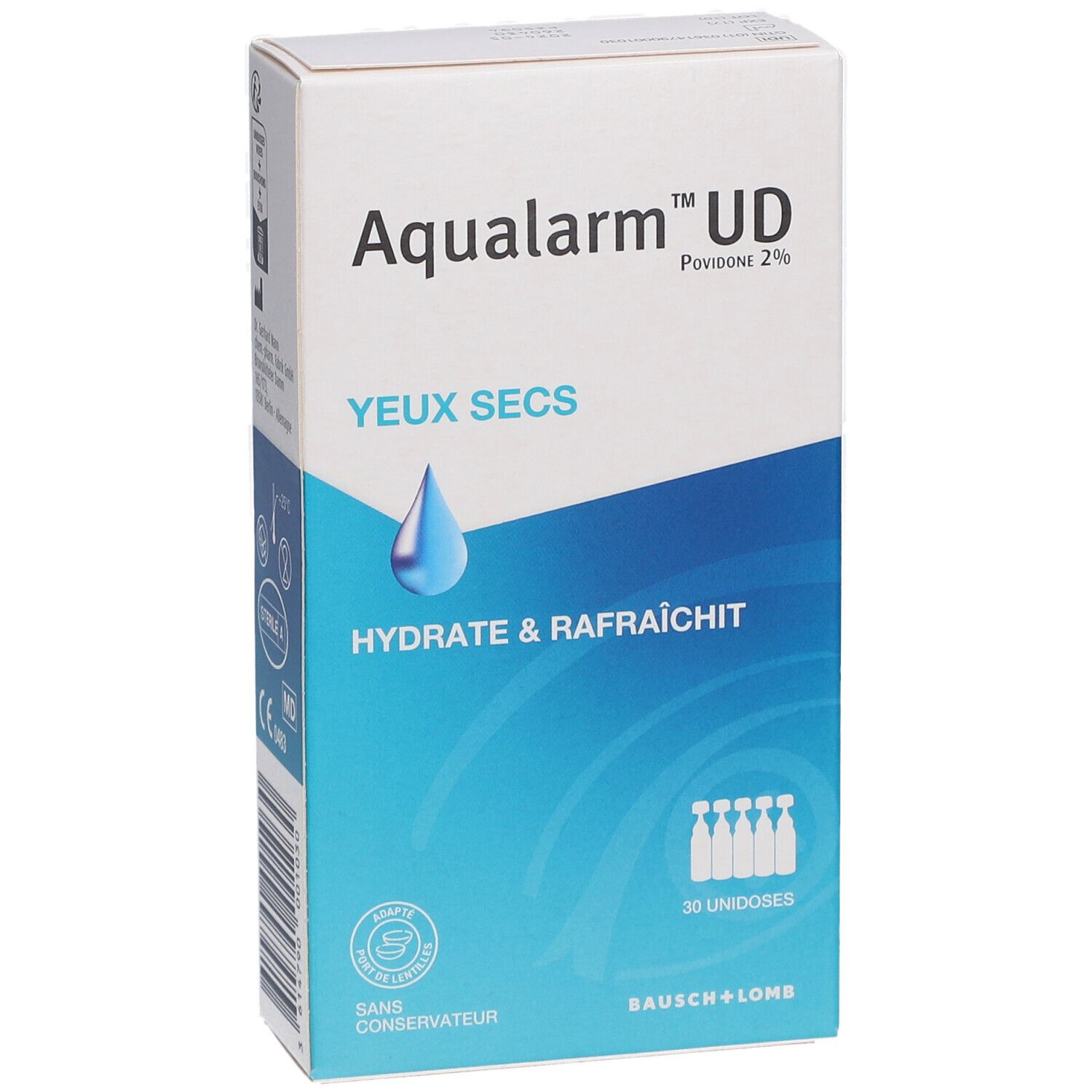 Doos met productnaam en druppel. Tekst: YEUX SECS, HYDRATE & RAFRAÎCHIT. 30 unidoses. Merk Bausch+Lomb.